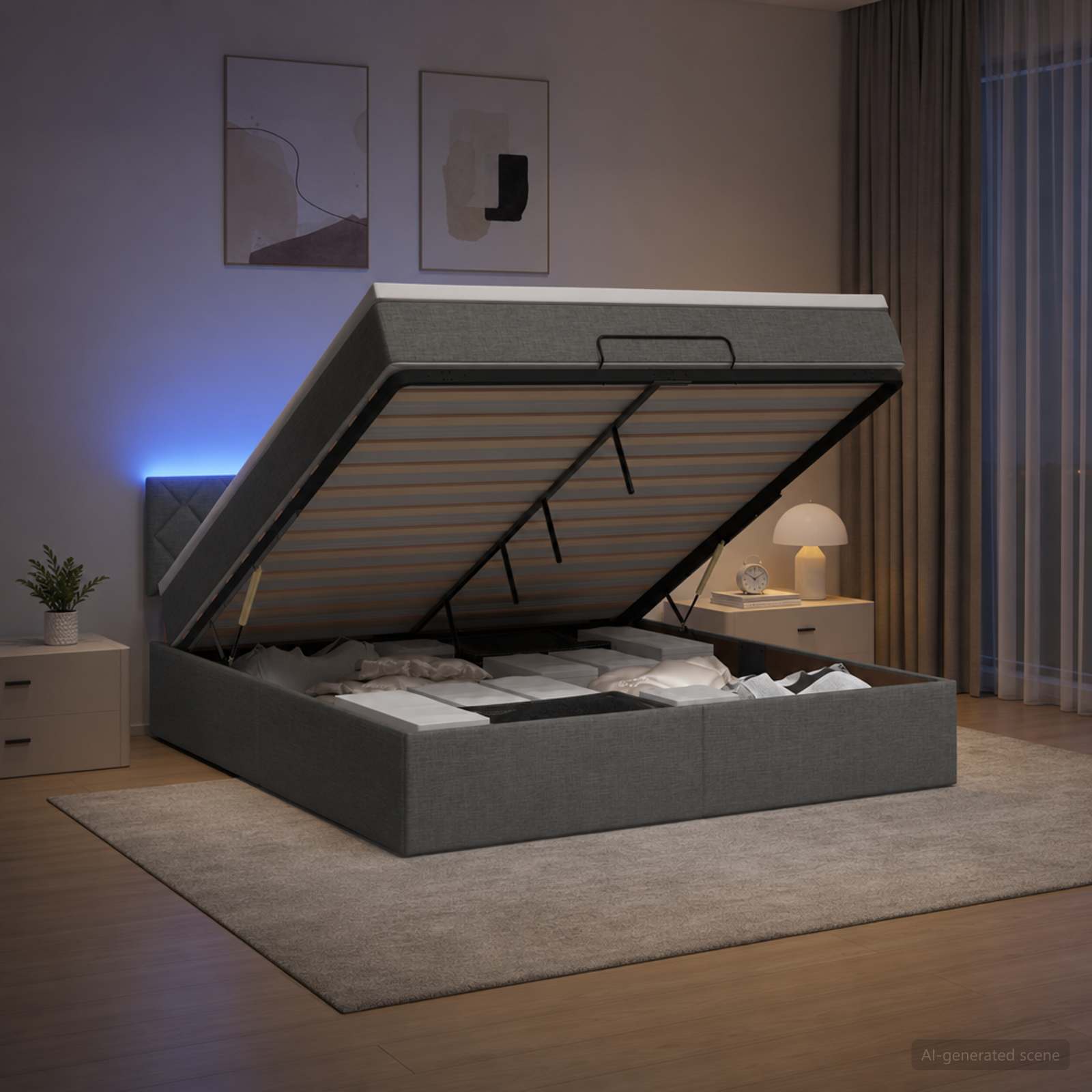 Ottoman Bed met Matrassen en LED Donkergrijs 140 x 190 cm Stof