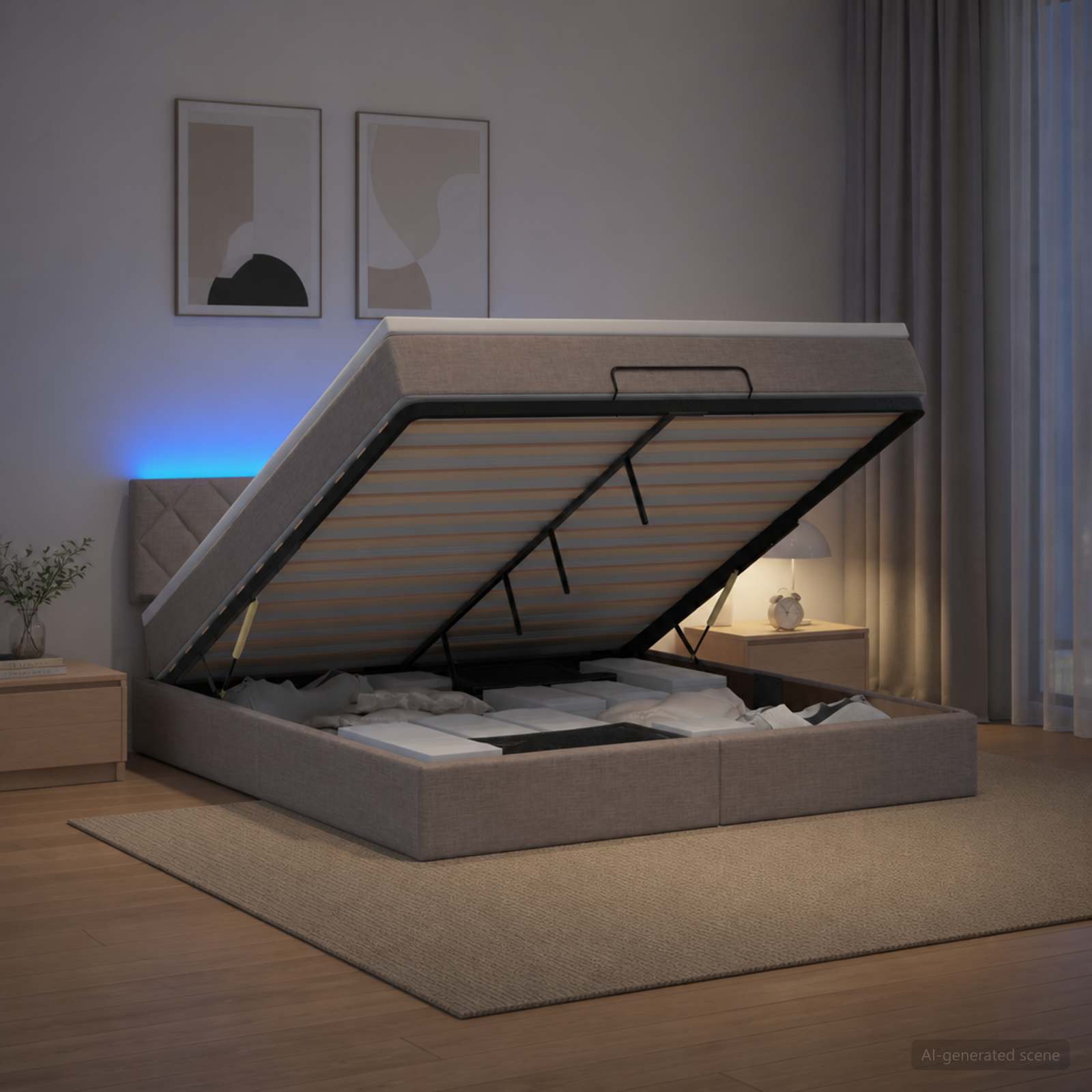 Ottoman Bed met Matrassen en LED Taupe 140 x 190 cm Stof