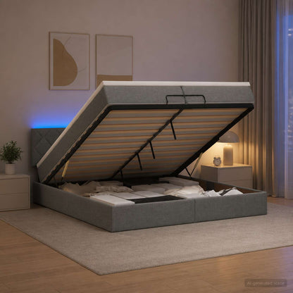 Ottoman Bed met Matrassen en LED Donkergrijs 200 x 200 cm Stof
