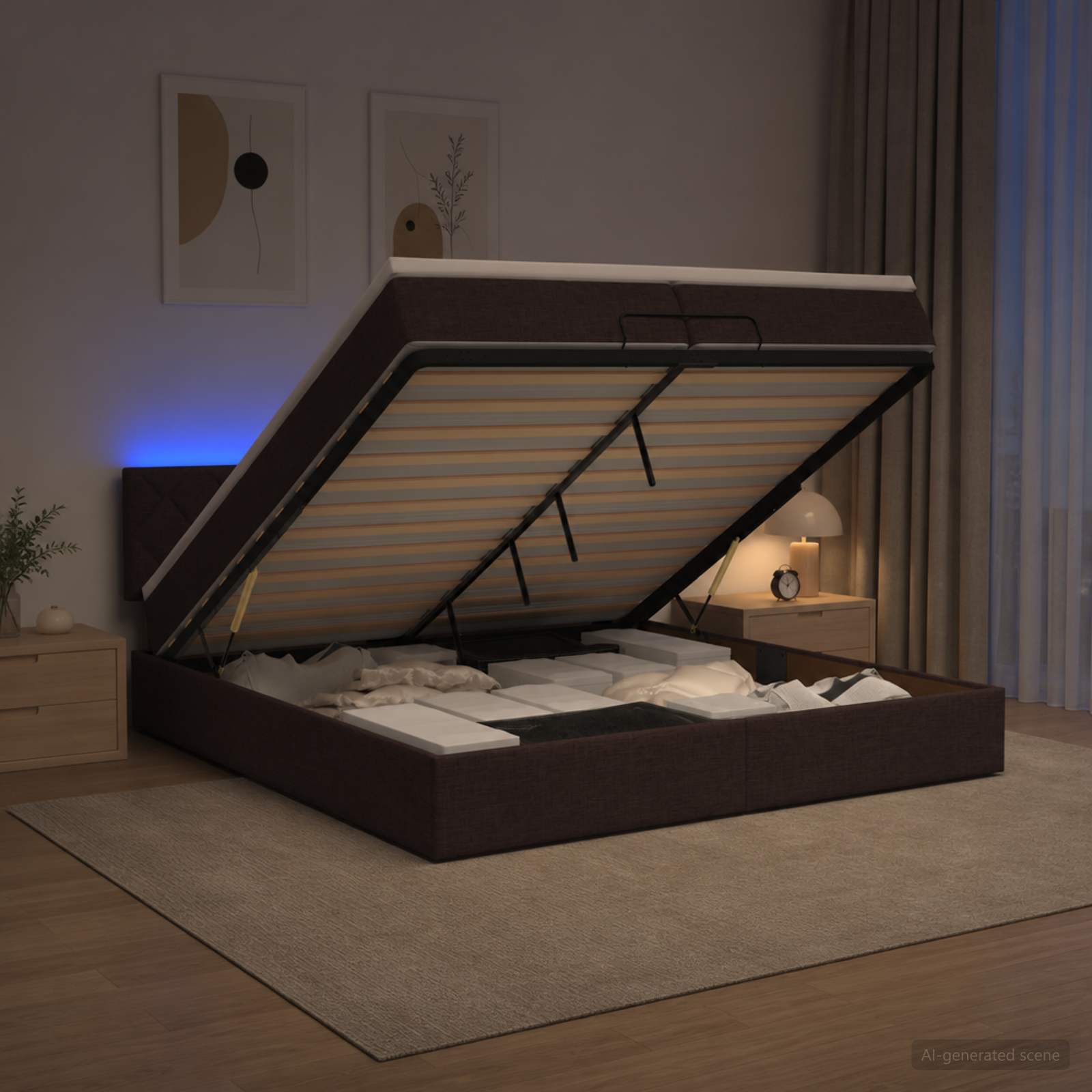 Ottoman Bed met Matrassen en LED Donkerbruin 200 x 200 cm Stof