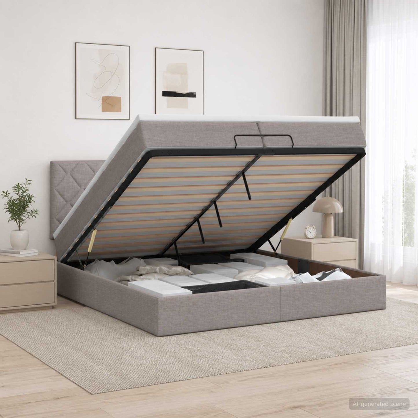 Ottoman Bed met Matrassen en LED Taupe 200 x 200 cm Stof