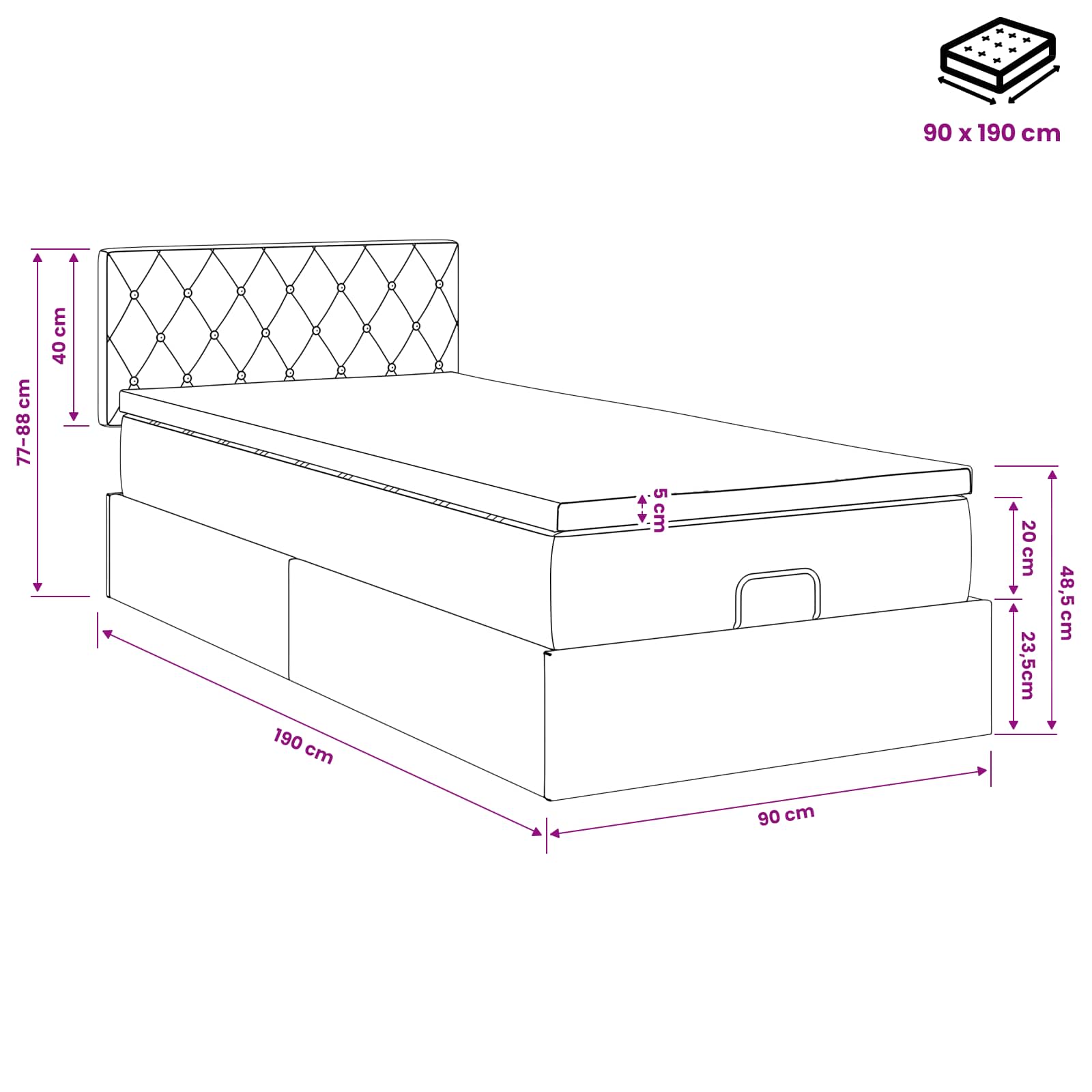Ottoman Bed met Matrassen en LED Lichtgrijs 90 x 190 cm fluweel