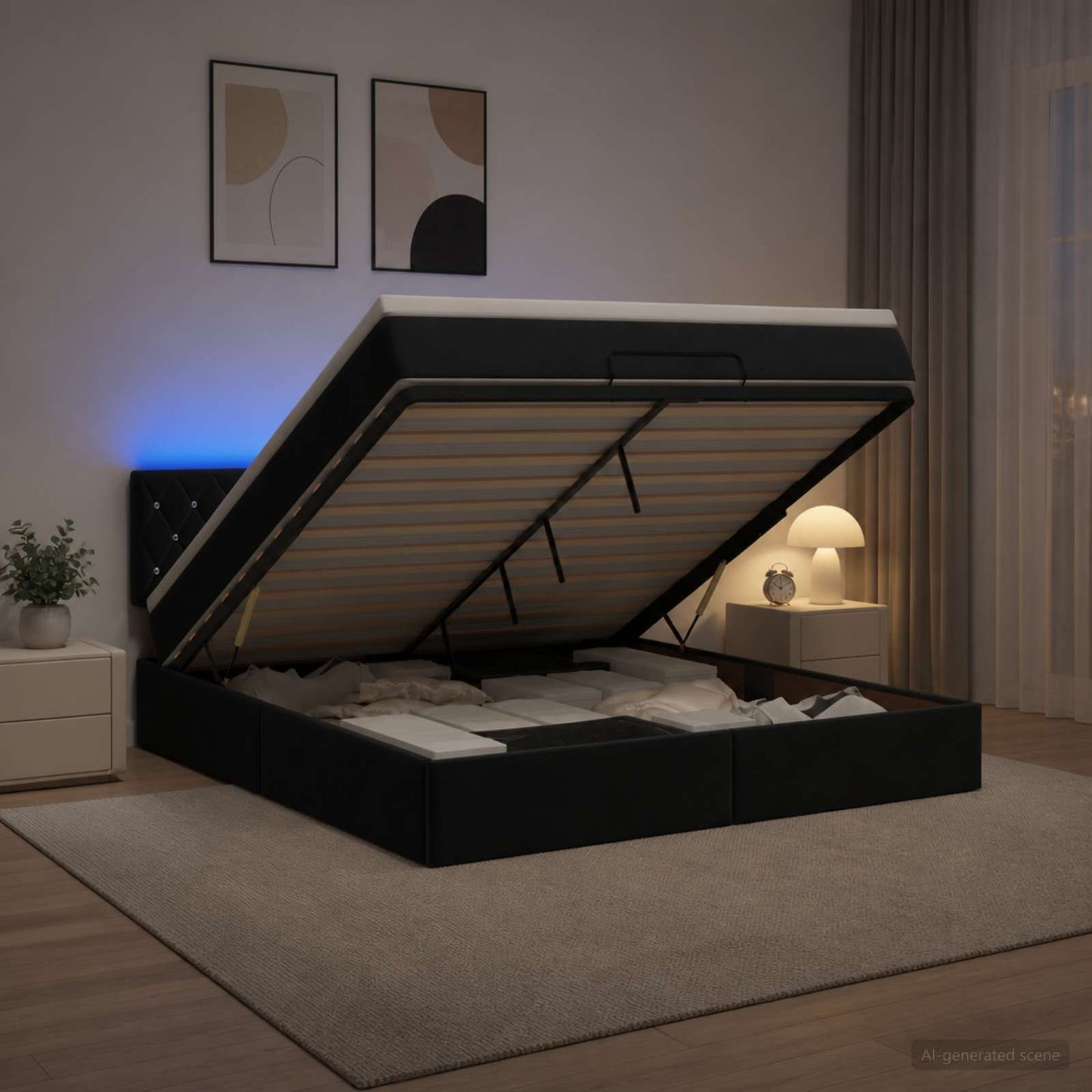 Ottoman Bed met Matrassen en LED Zwart 160 x 200 cm fluweel