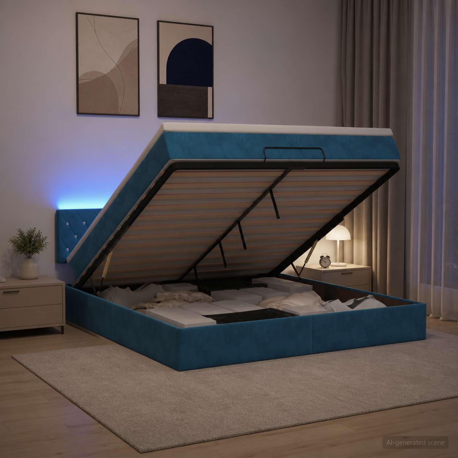 Ottoman Bed met Matrassen en LED Donkerblauw 160 x 200 cm