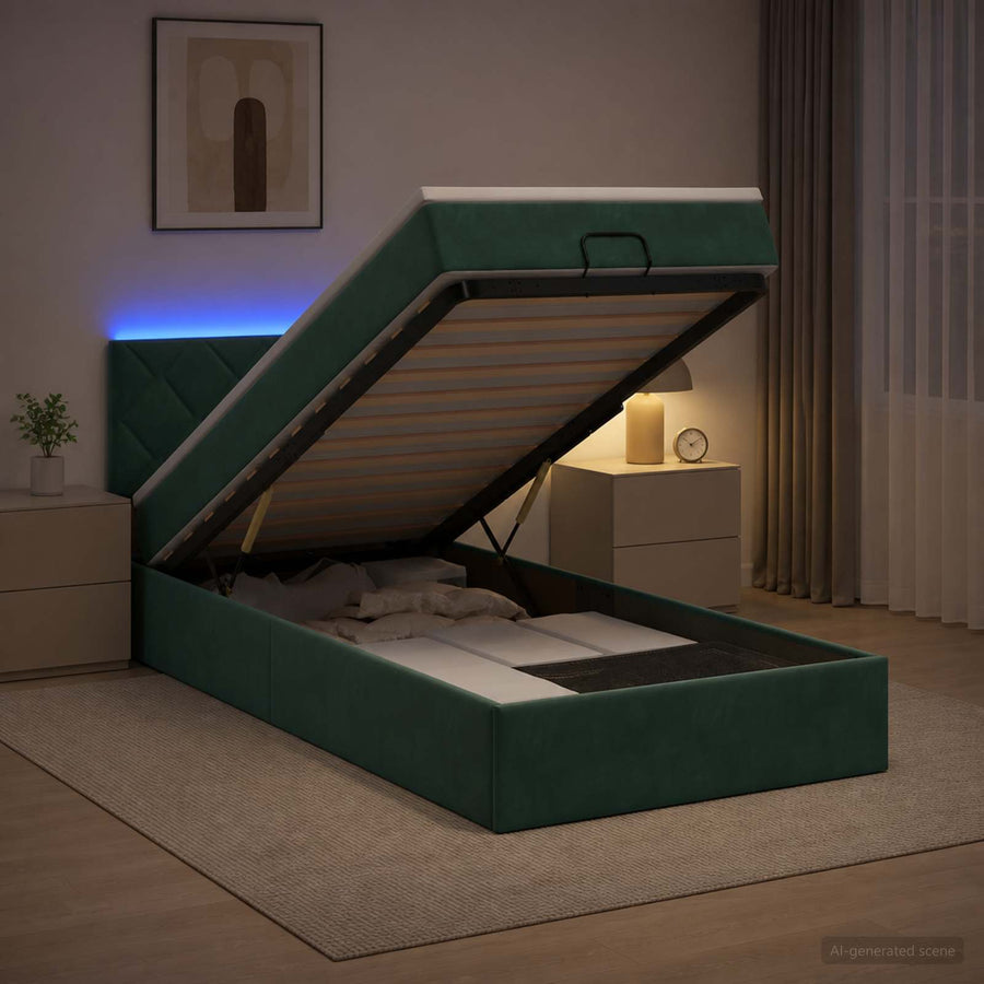 Ottoman Bed met Matrassen en LED Donkergroen 100 x 200 cm