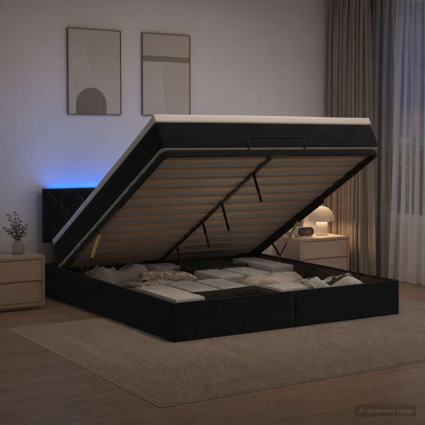 Ottoman Bed met Matrassen en LED Zwart 160 x 200 cm fluweel