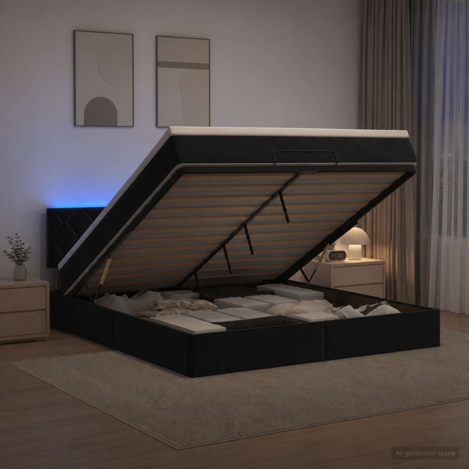 Ottoman Bed met Matrassen en LED Zwart 160 x 200 cm fluweel