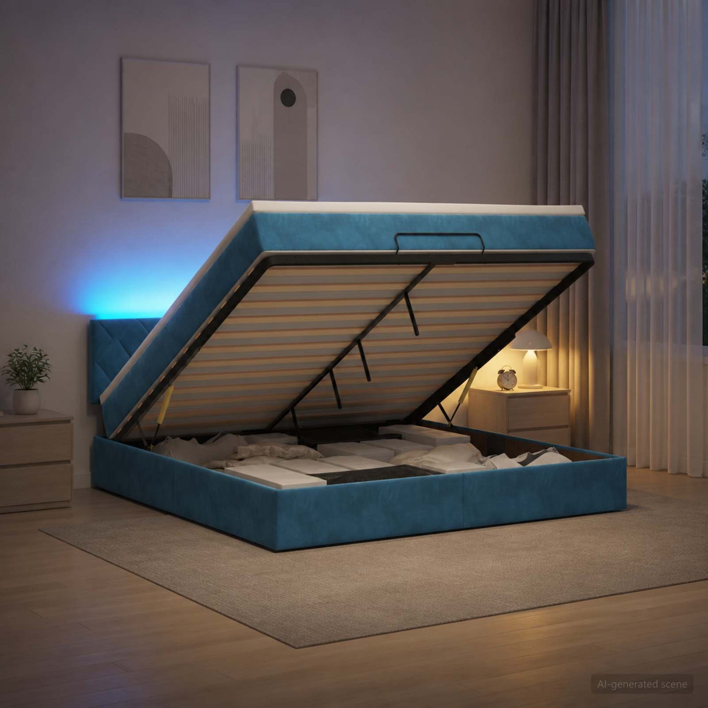 Ottoman Bed met Matrassen en LED Donkerblauw 140 x 190 cm