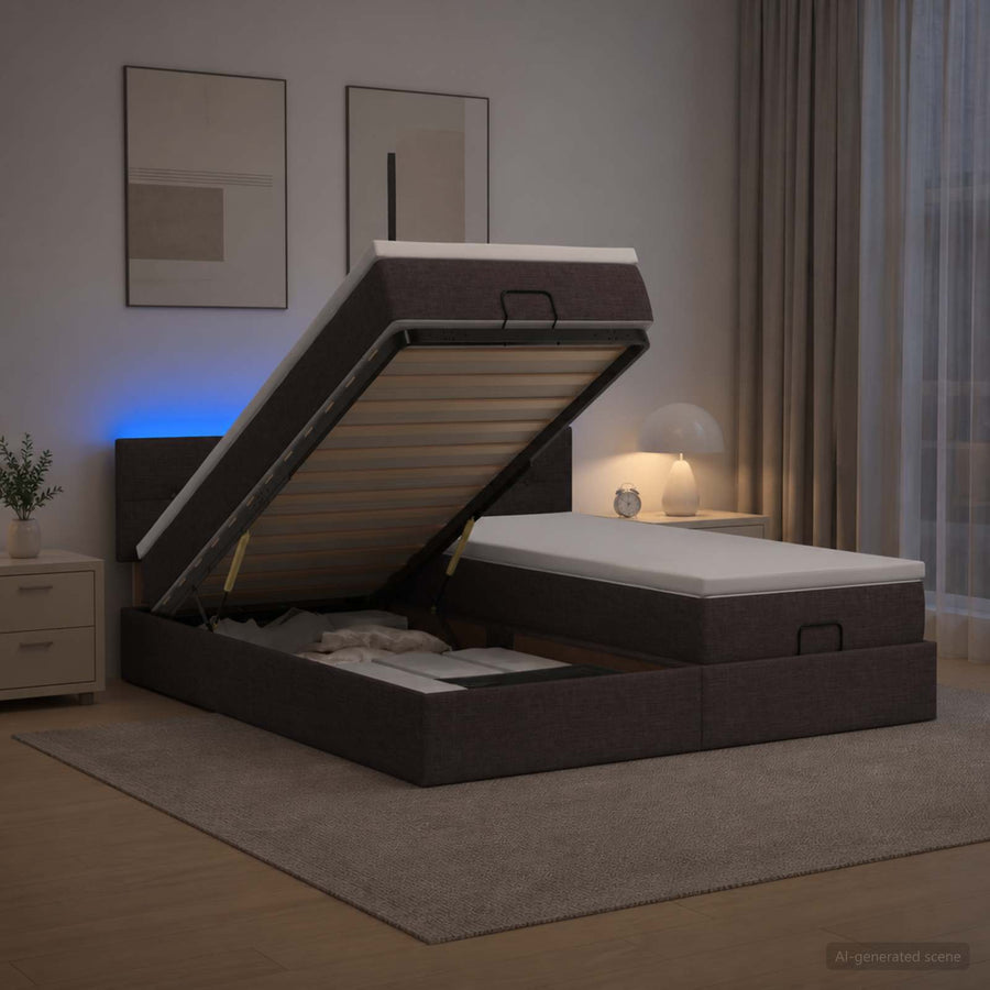 Ottoman Bed met Matrassen en LED Donkerbruin 200 x 200 cm Stof