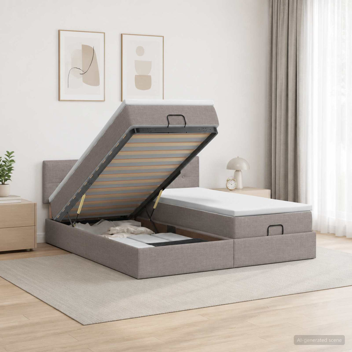 Ottoman bed met matras met hoofdeinde 2 st Taupe Stof