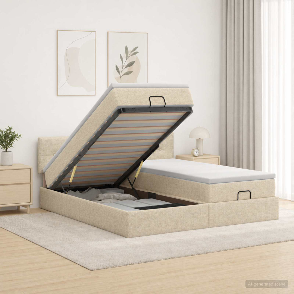 Ottoman bed met matras met hoofdeinde 2 st Crèmekleurig Stof