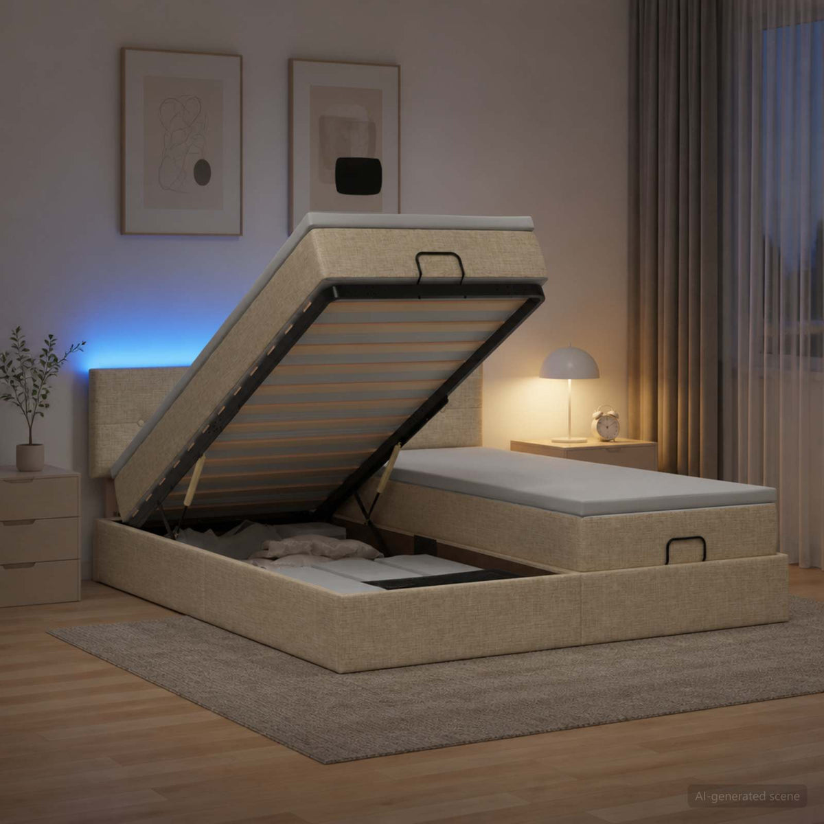 Ottoman Bed met Matrassen en LED Crèmekleurig 160 x 200 cm Stof