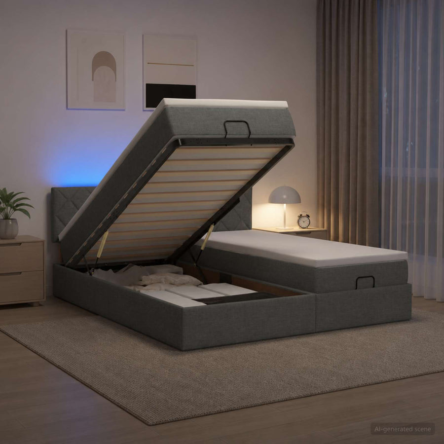 Ottoman Bed met Matrassen en LED Donkergrijs 200 x 200 cm Stof