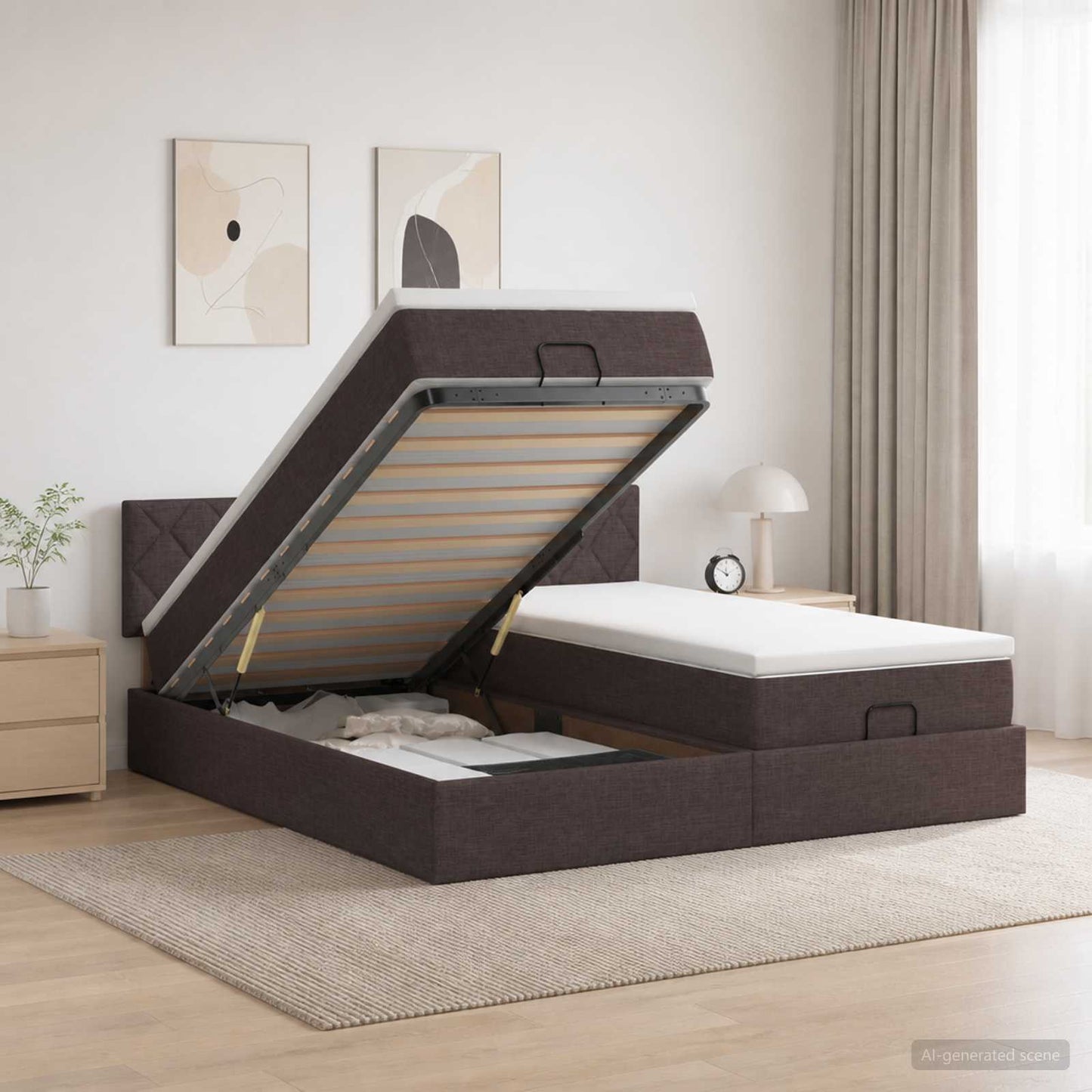 Ottoman Bed met Matrassen en LED Donkerbruin 200 x 200 cm Stof