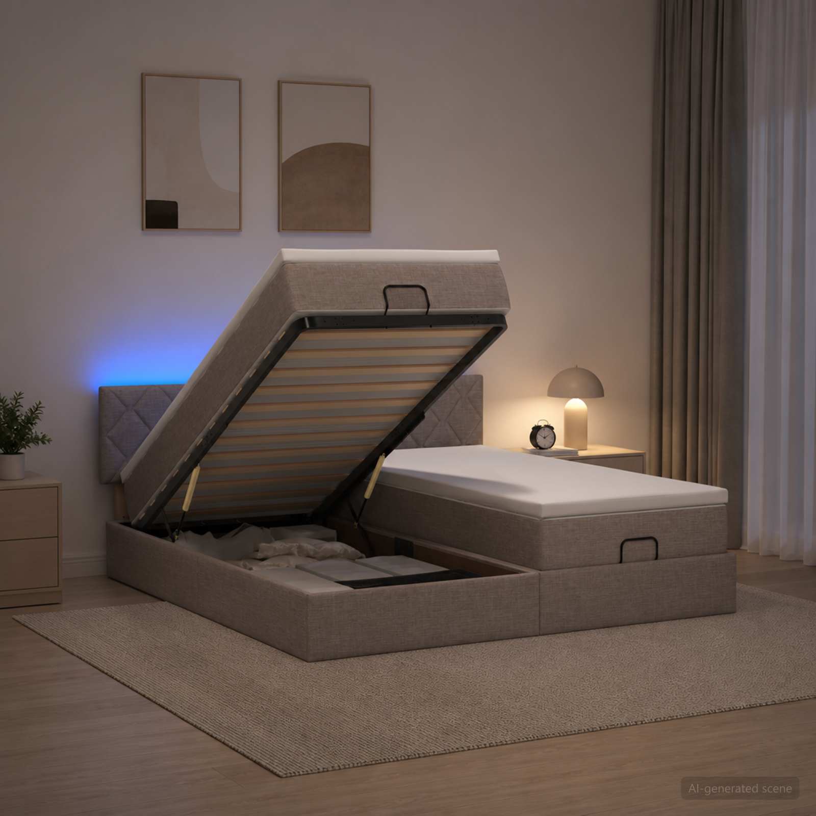 Ottoman Bed met Matrassen en LED Taupe 200 x 200 cm Stof
