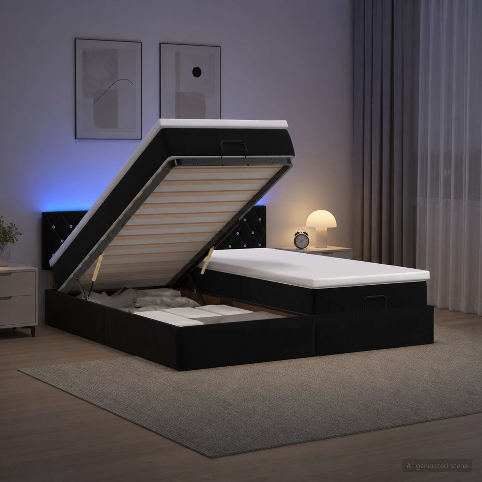 Ottoman Bed met Matrassen en LED Zwart 160 x 200 cm fluweel