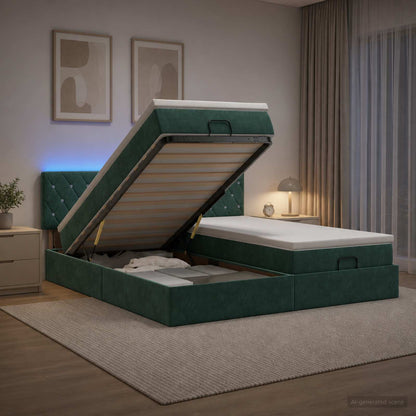 Ottoman Bed met Matrassen en LED Donkergroen 180 x 200 cm