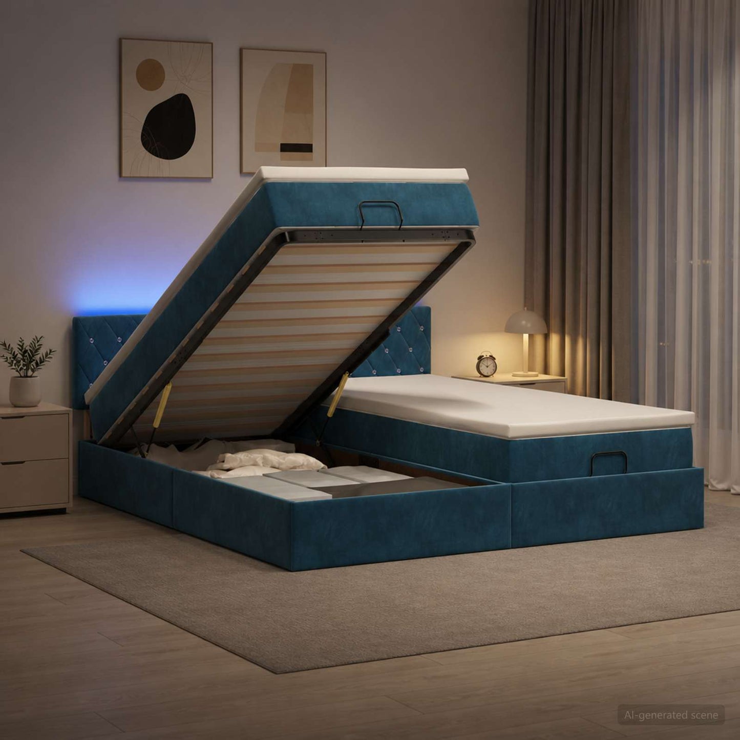Ottoman Bed met Matrassen en LED Donkerblauw 160 x 200 cm