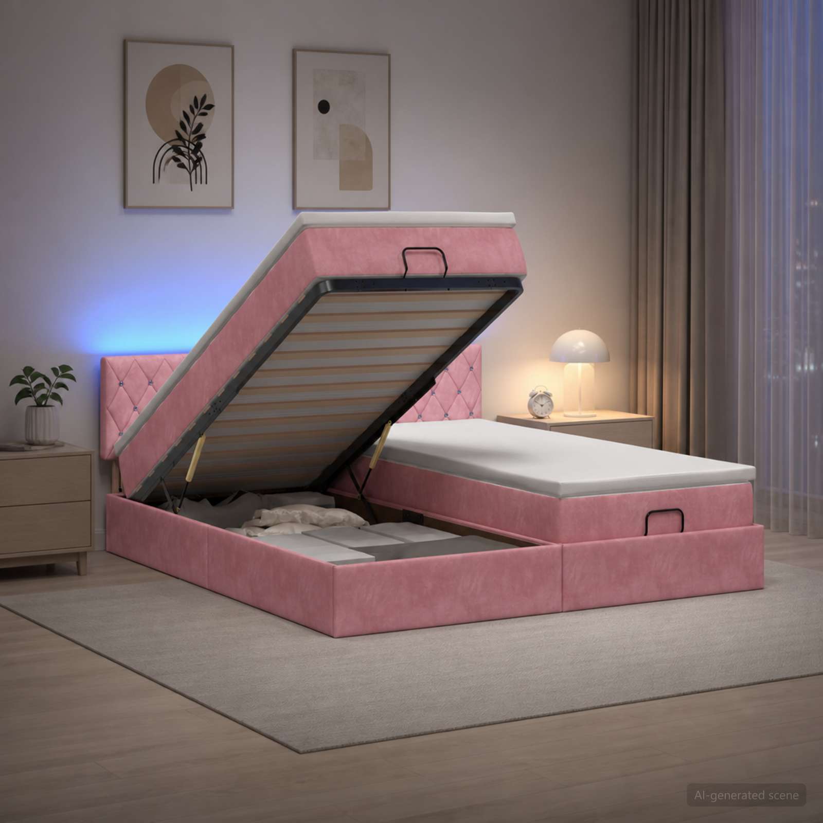 Ottoman Bed met Matrassen en LED Roze 160 x 200 cm fluweel