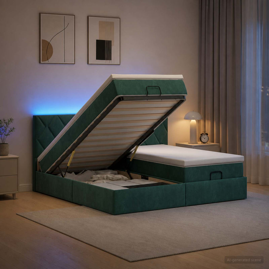 Ottoman Bed met Matrassen en LED Donkergroen 160 x 200 cm