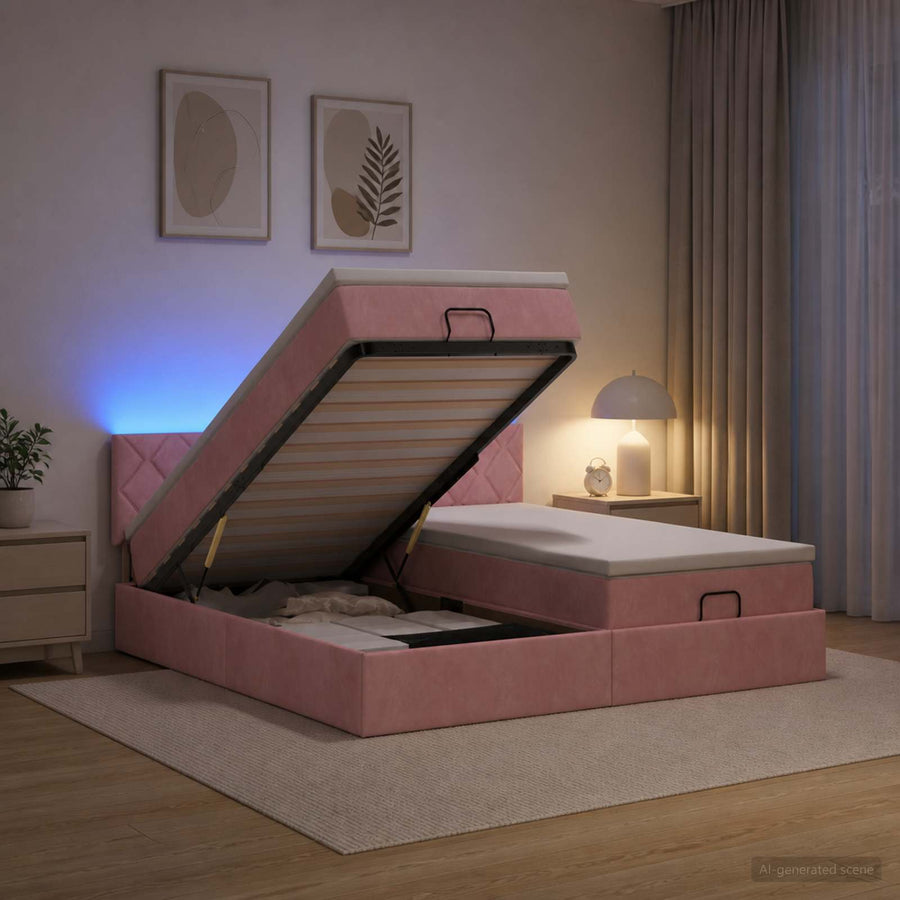 Ottoman Bed met Matrassen en LED Roze 200 x 200 cm fluweel