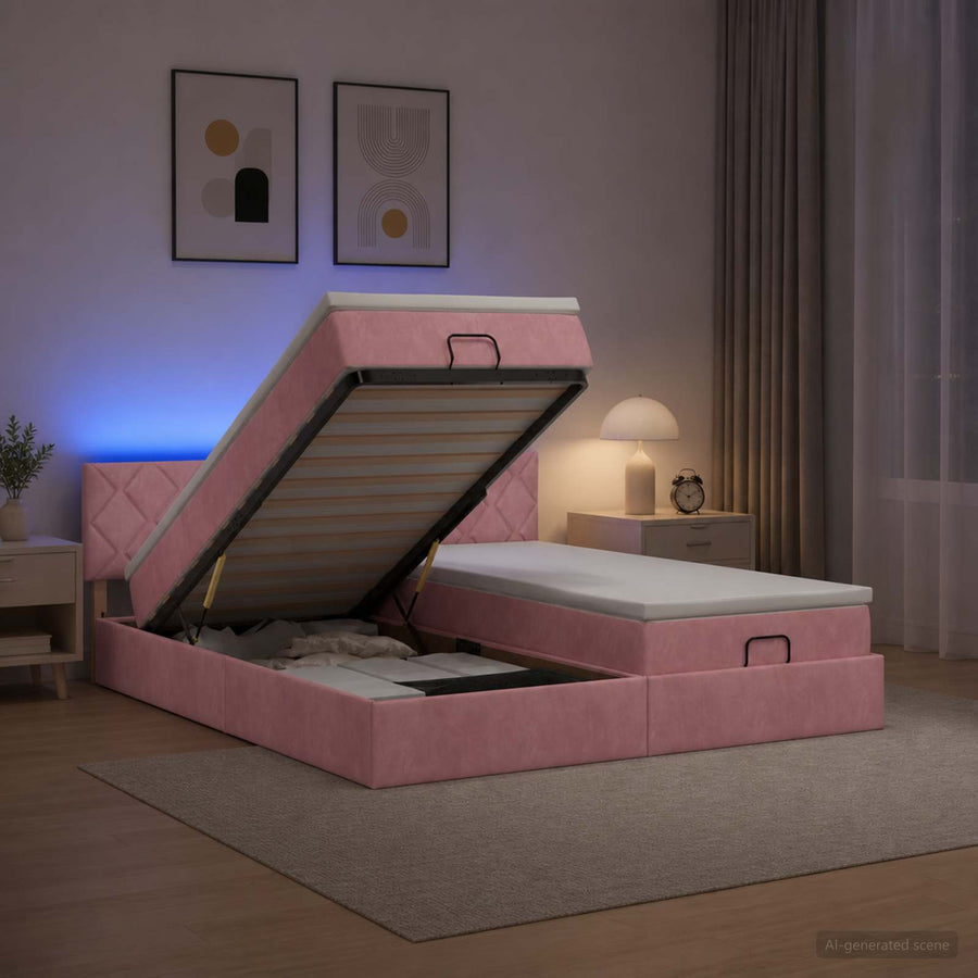 Ottoman Bed met Matrassen en LED Roze 200 x 200 cm fluweel