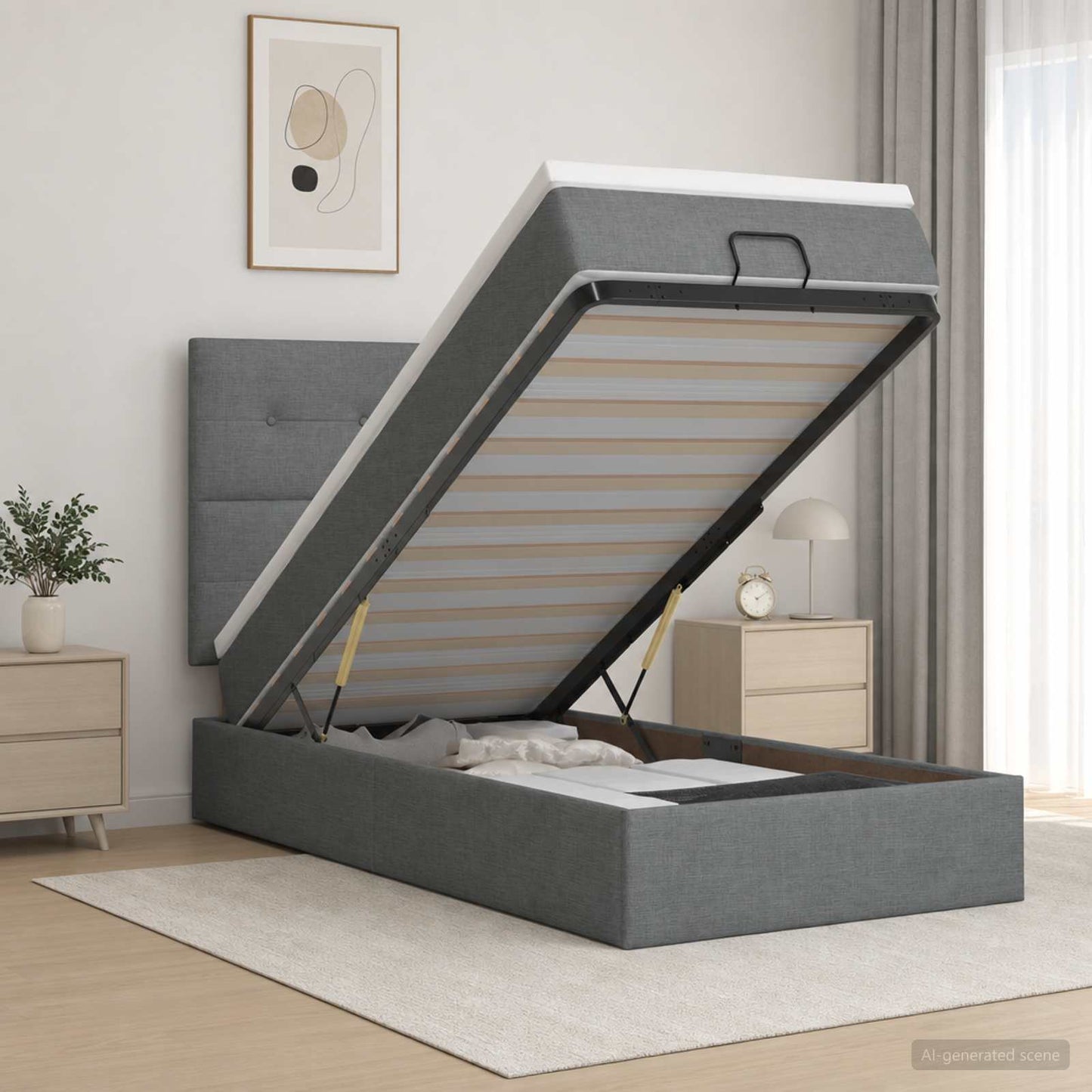 Ottoman Bed met Matrassen en LED Donkergrijs 100 x 200 cm Stof