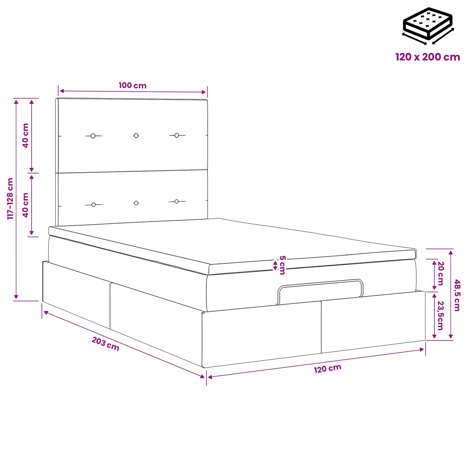 Ottoman bed met matras met hoofdeinde Zwart 120 x 200 cm Stof