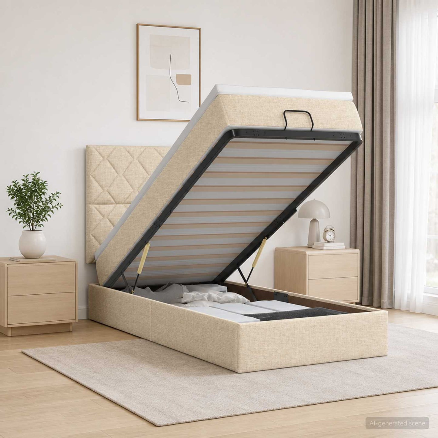 Ottoman Bed met Matrassen en LED Crèmekleurig 90 x 190 cm Stof