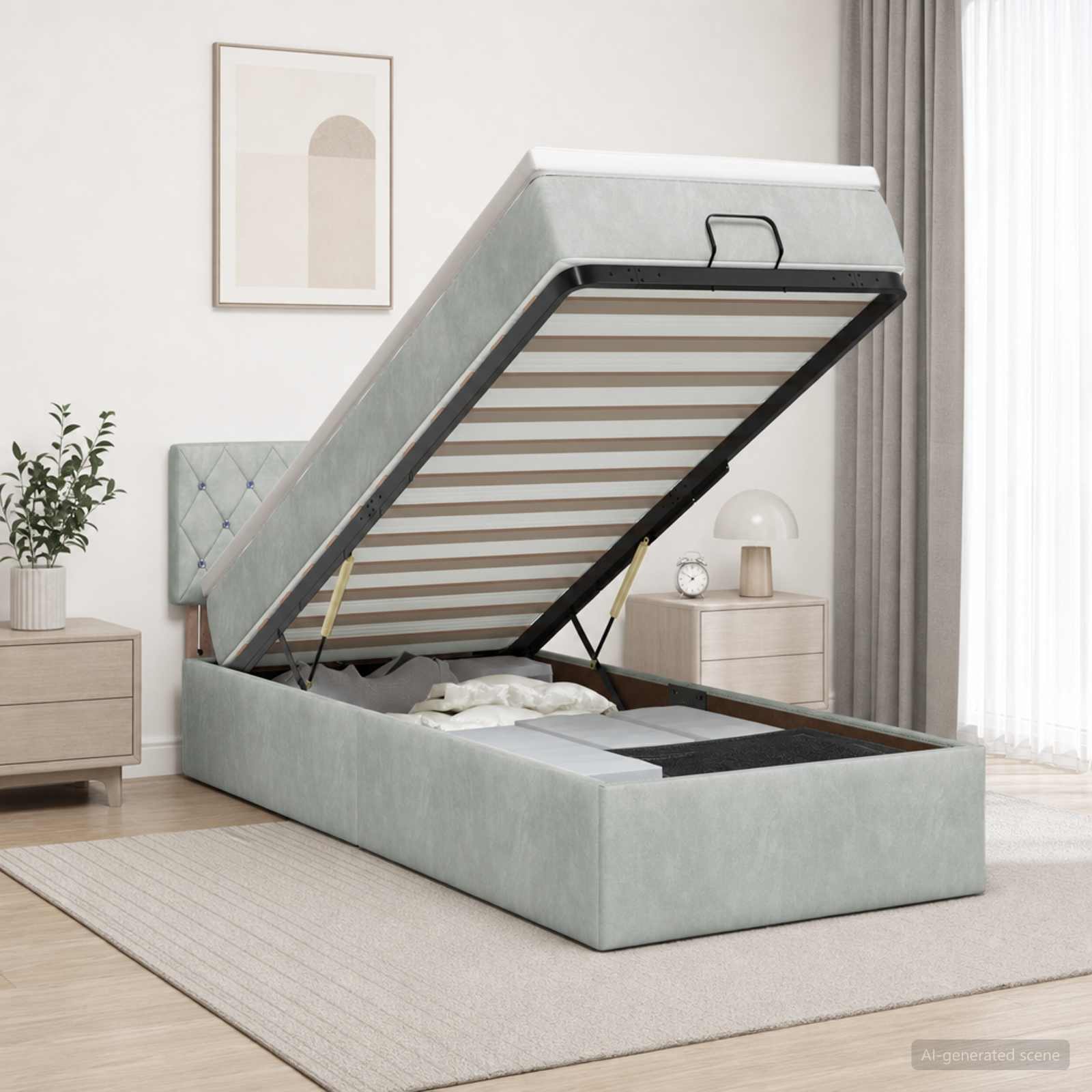Ottoman Bed met Matrassen en LED Lichtgrijs 90 x 200 cm fluweel