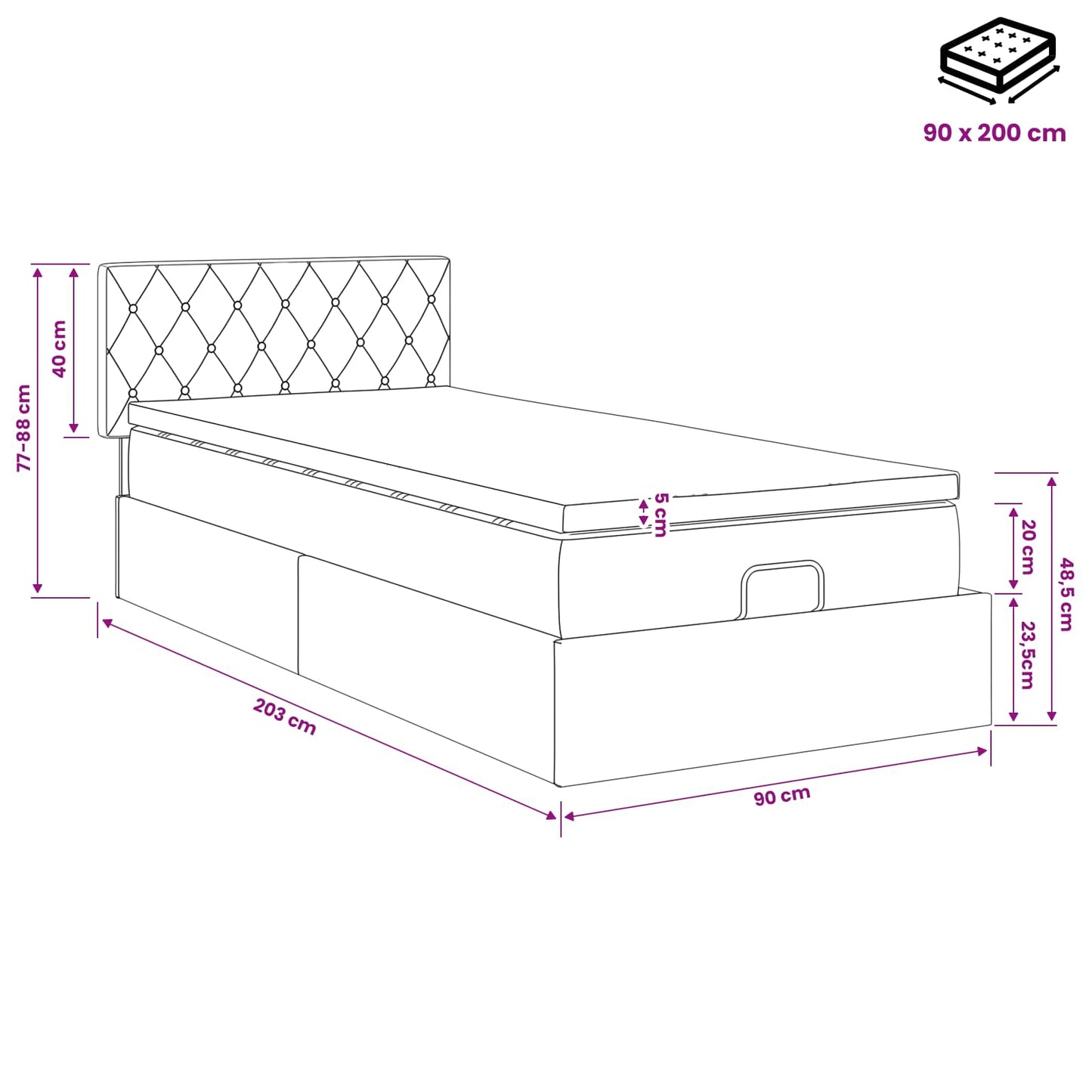 Ottoman bed met matras Donkergrijs 90 x 200 cm Fluweel