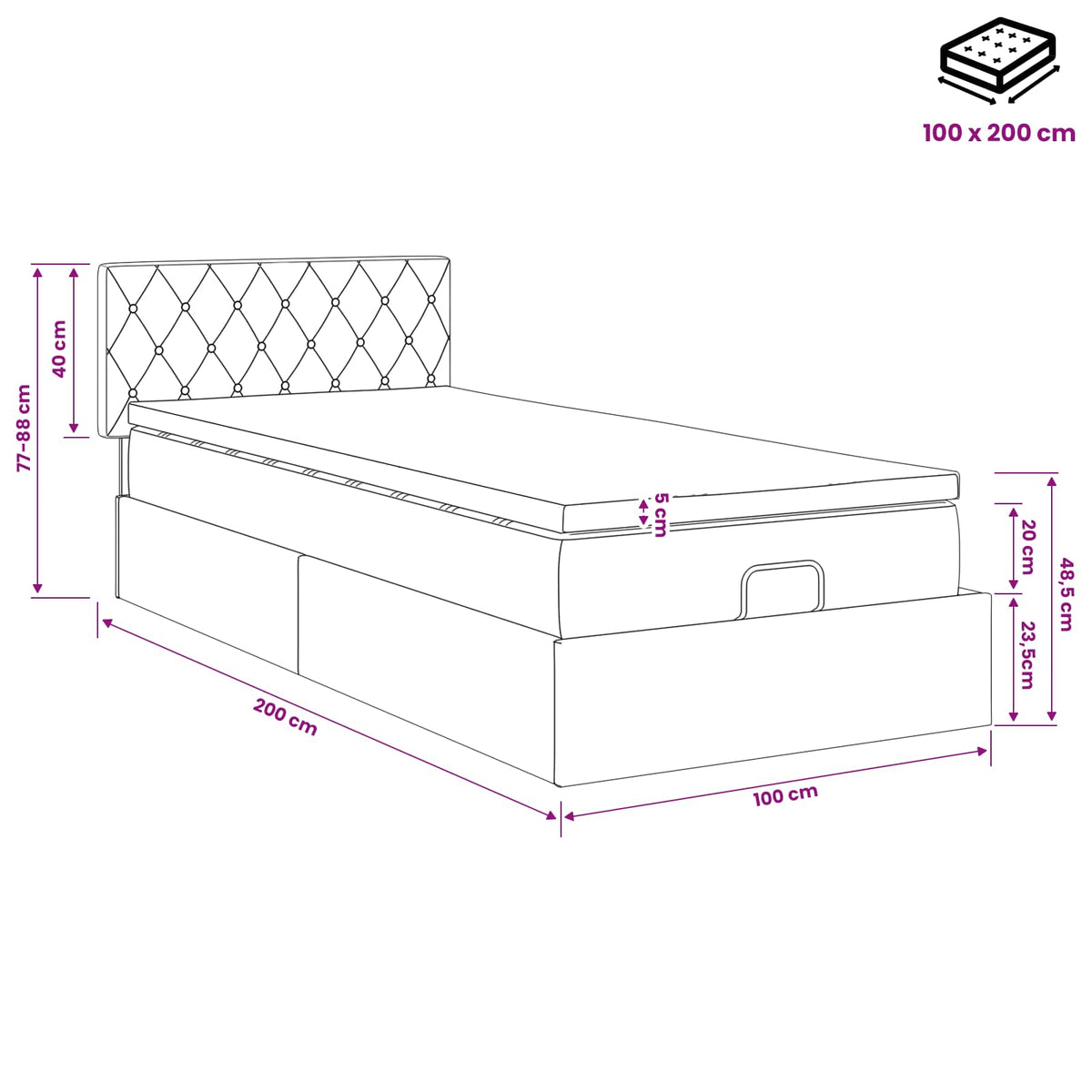 Ottoman bed met matras Donkergrijs 100 x 200 cm Fluweel