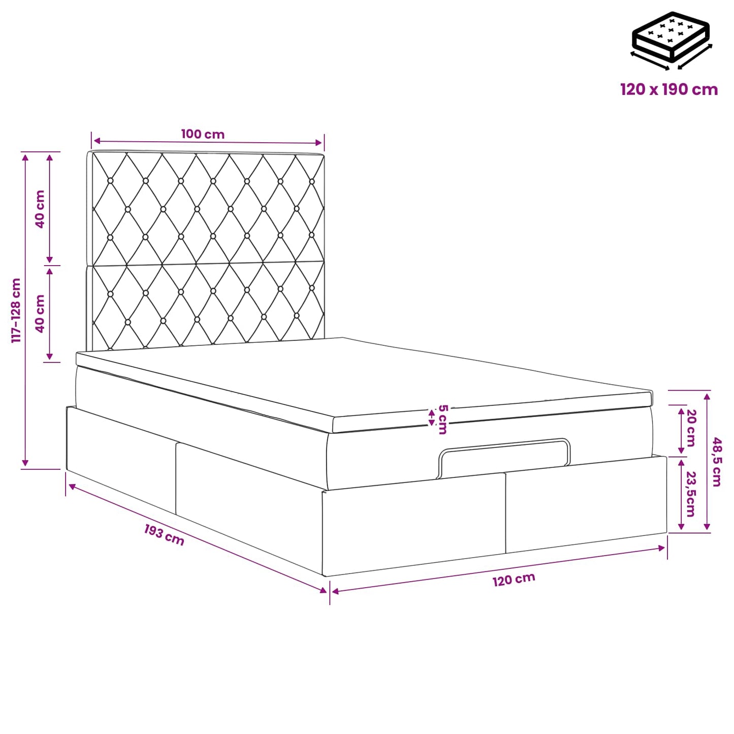 Ottoman bed met matras Donkergrijs 120 x 190 cm Fluweel
