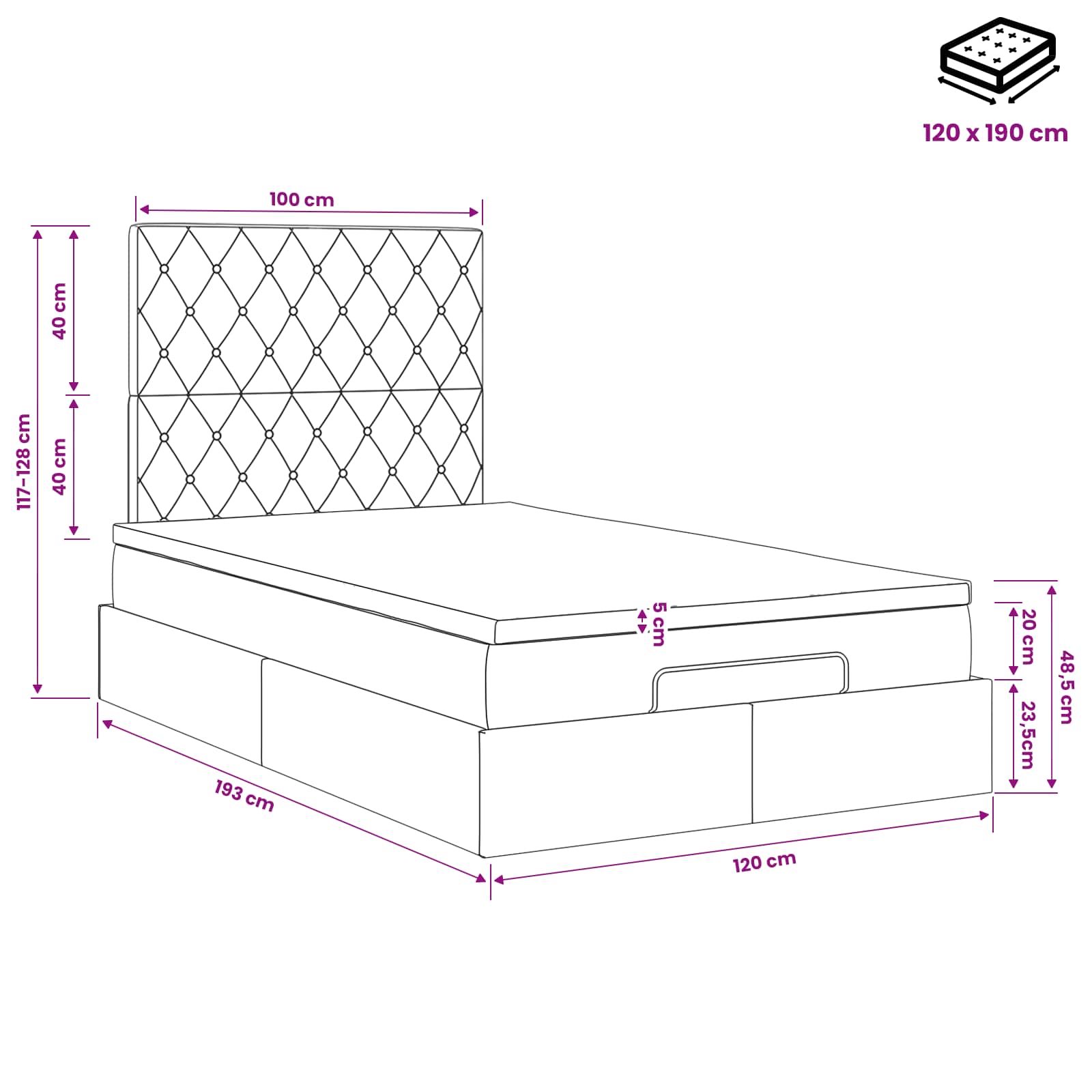 Ottoman bed met matras Donkergrijs 120 x 190 cm Fluweel