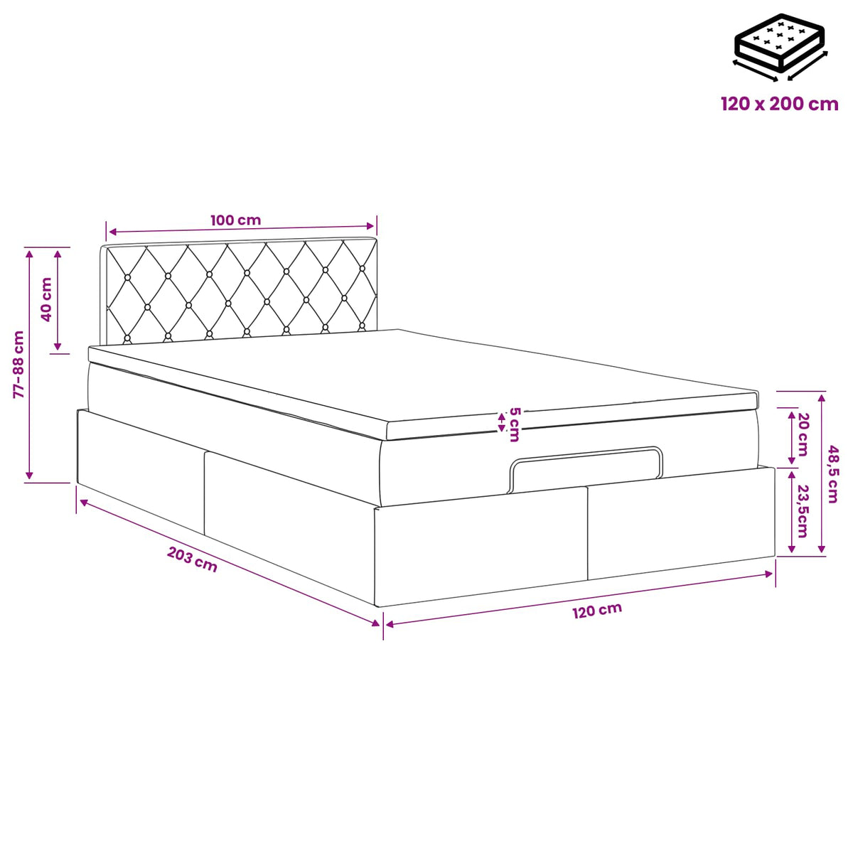 Ottoman bed met matras Zwart 120 x 200 cm Fluweel