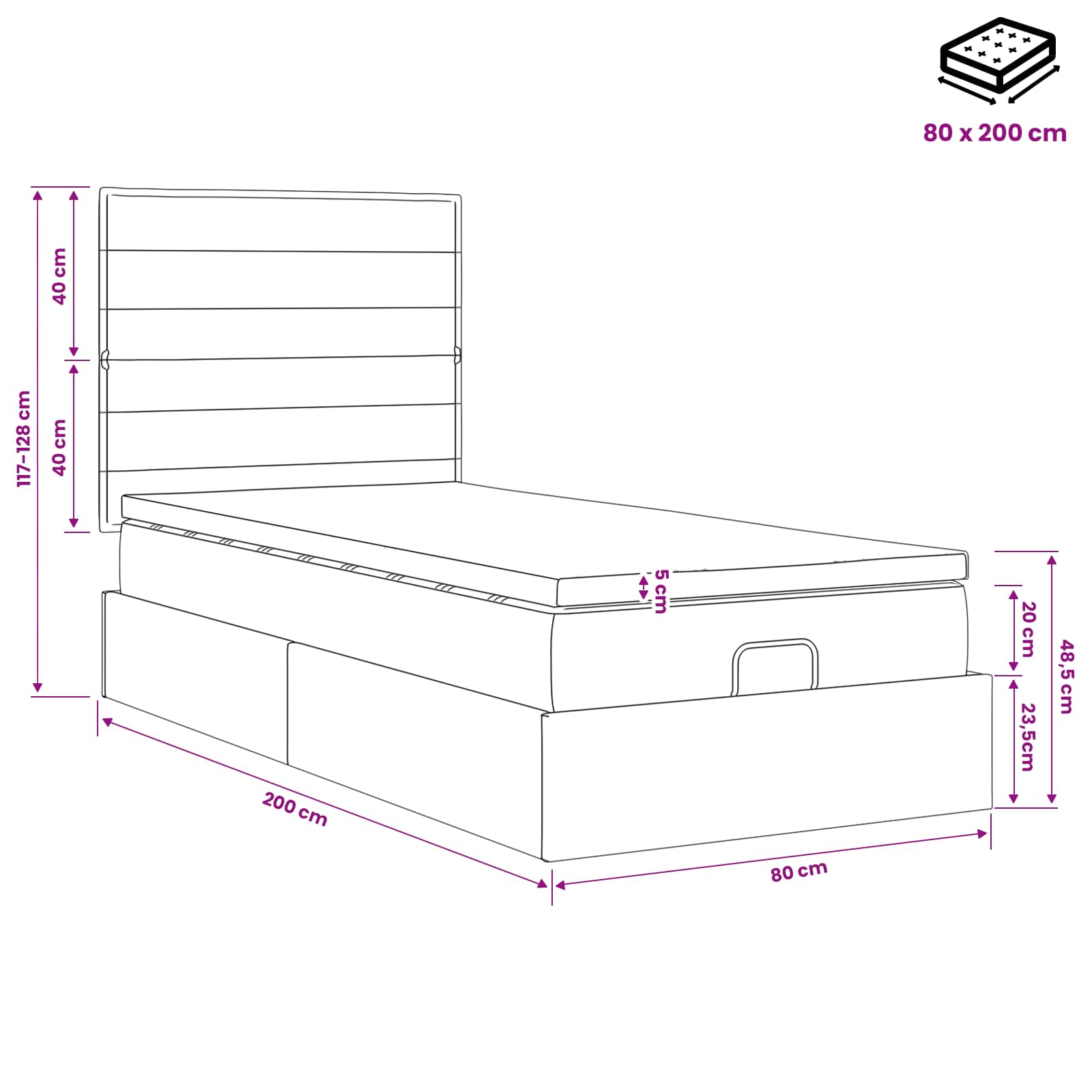 Ottoman Bed met Matrassen en LED Lichtgrijs 80 x 200 cm Stof