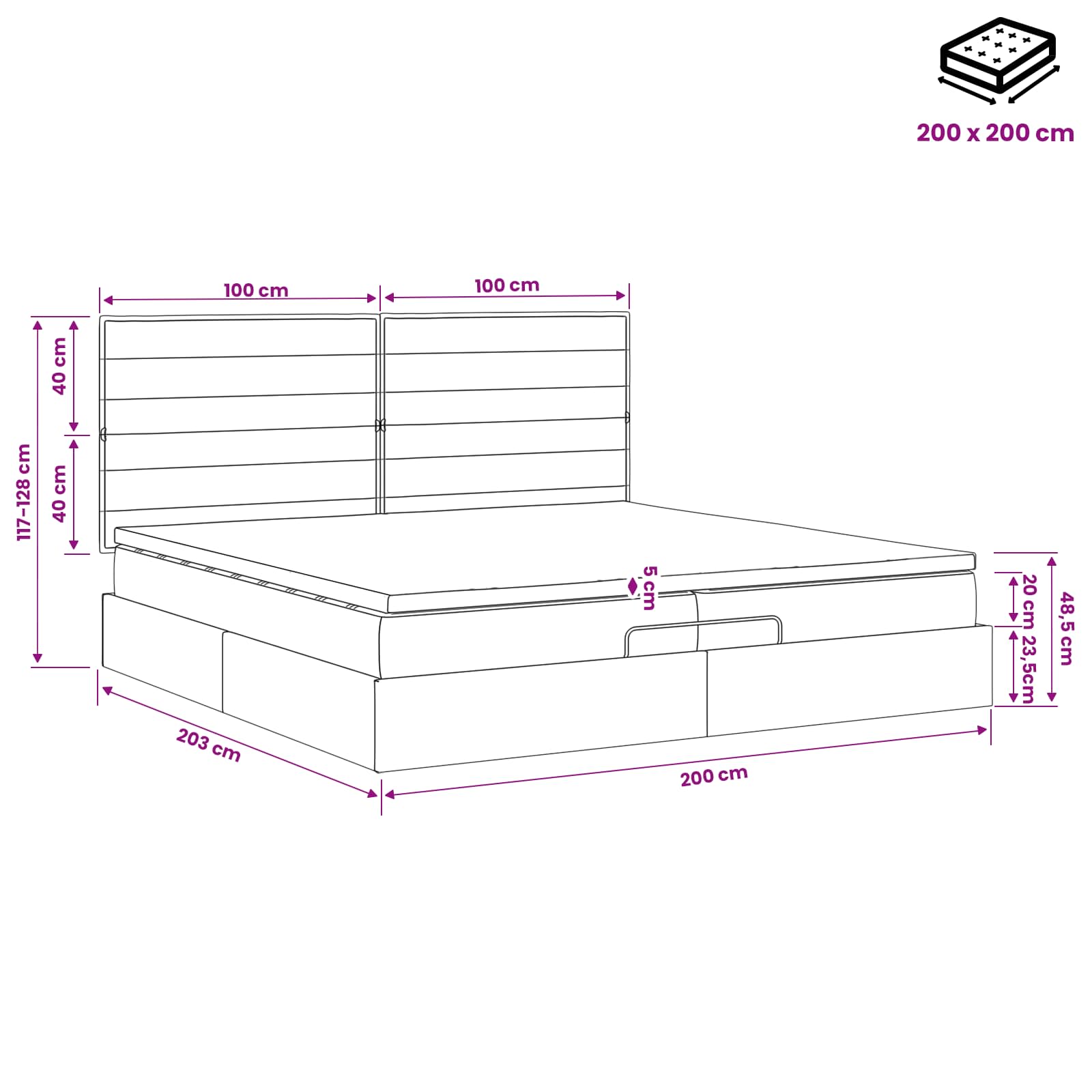 Ottoman Bed met Matrassen en LED Zwart 200 x 200 cm Stof