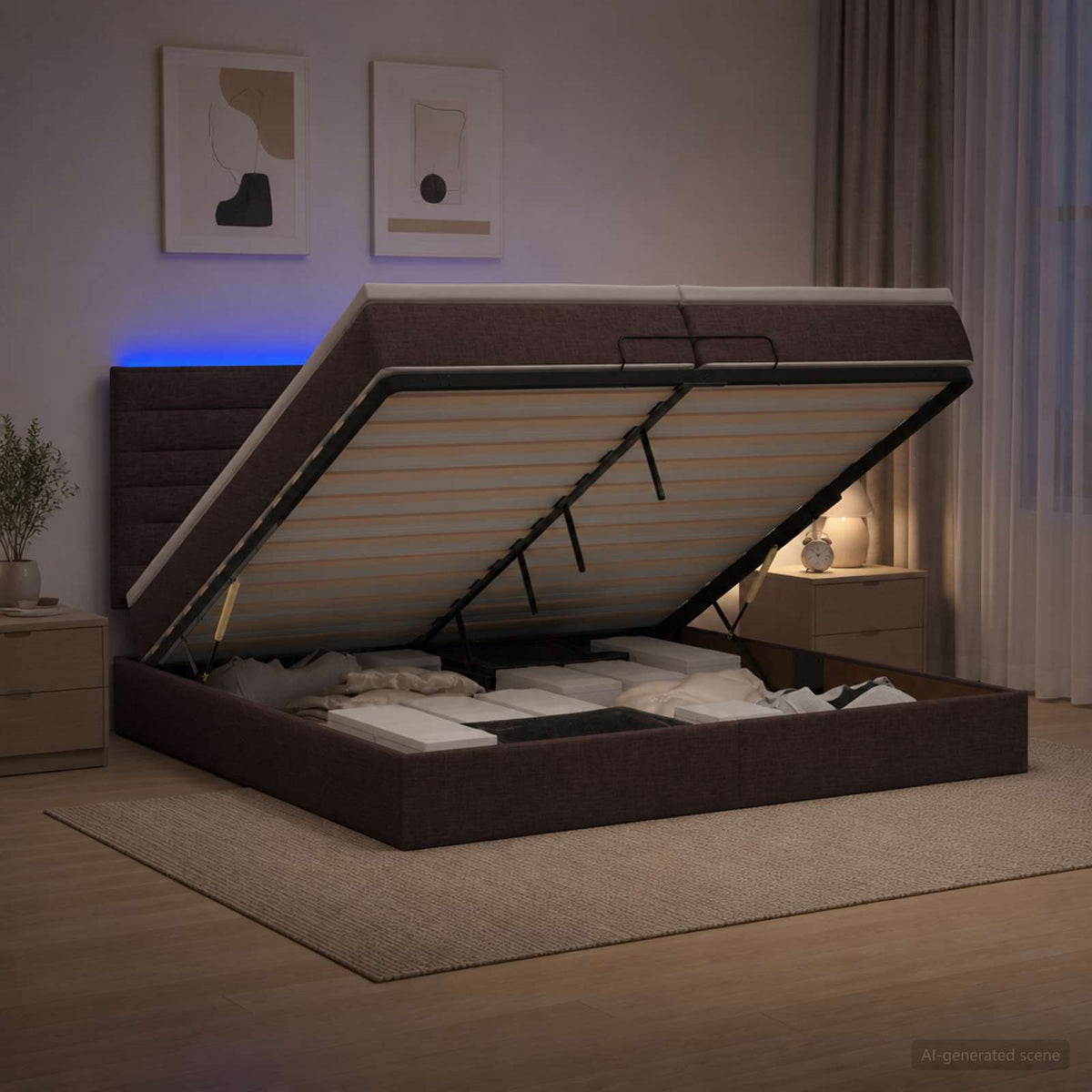 Ottoman Bed met Matrassen en LED Donkerbruin 200 x 200 cm Stof