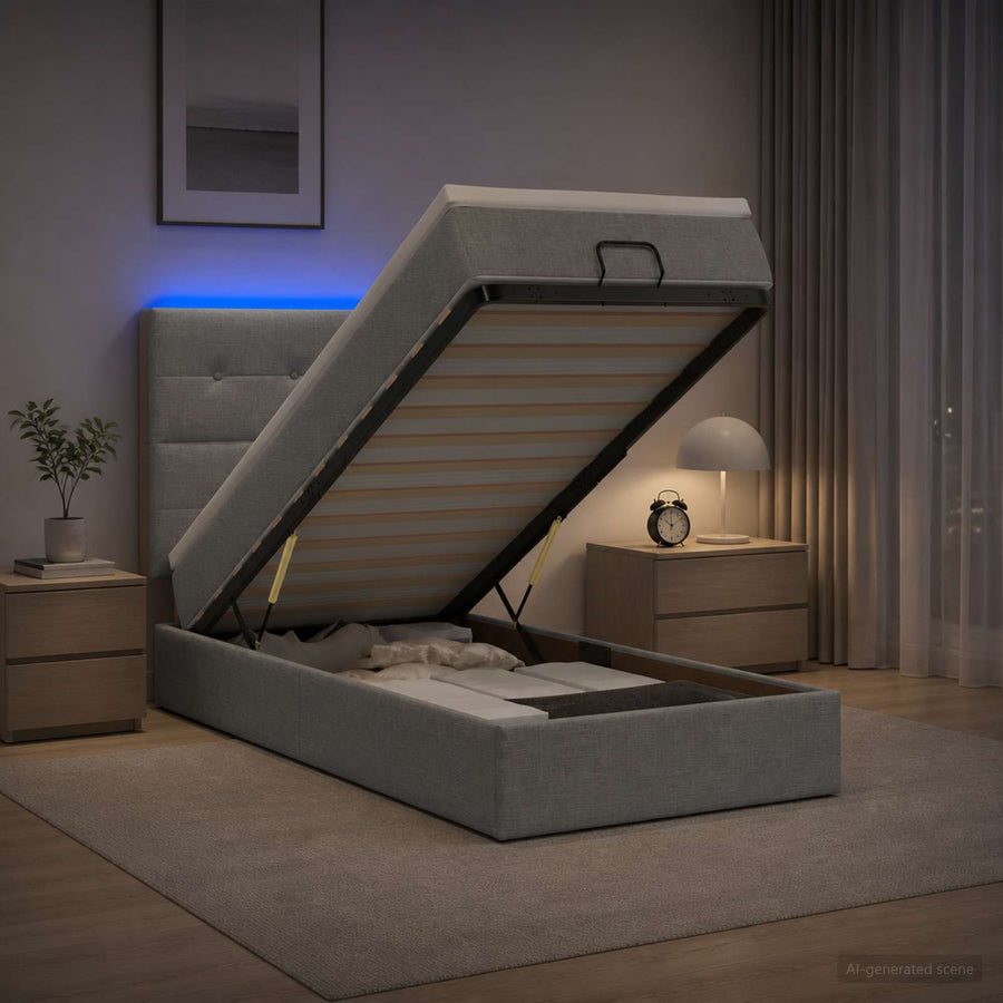 Ottoman Bed met Matrassen en LED Lichtgrijs 100 x 200 cm Stof