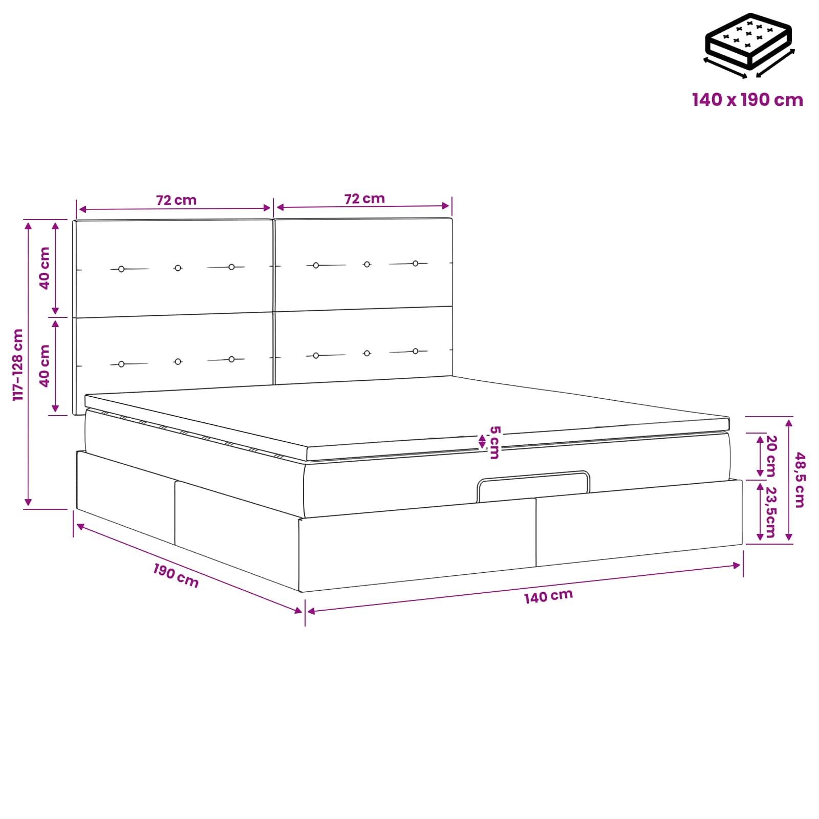 Ottoman Bed met Matrassen en LED Zwart 140 x 190 cm Stof