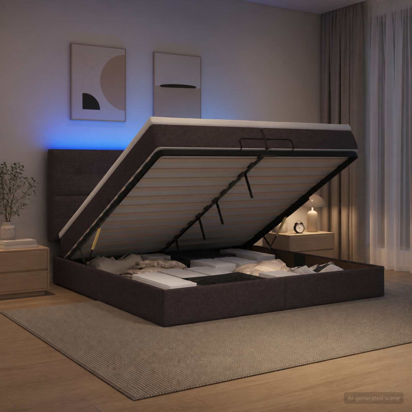 Ottoman Bed met Matrassen en LED Donkerbruin 200 x 200 cm Stof