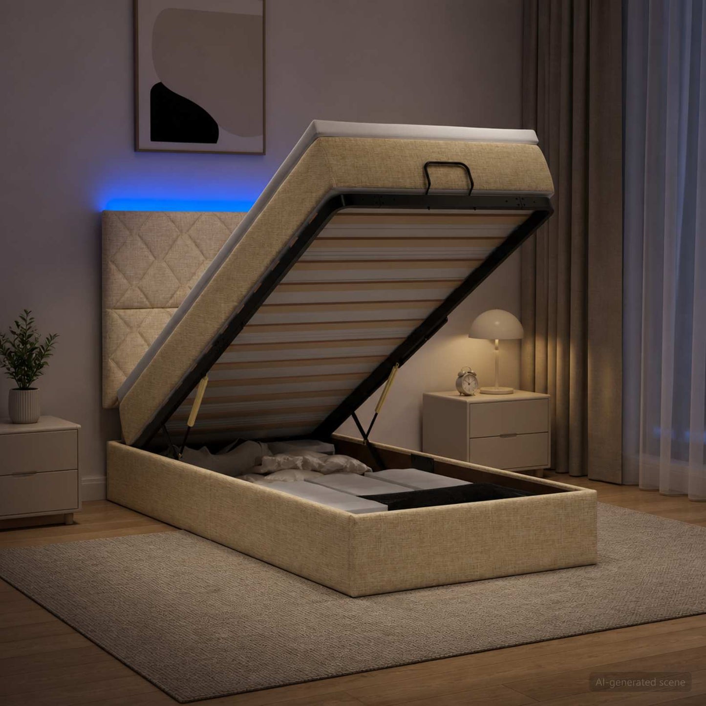 Ottoman Bed met Matrassen en LED Crèmekleurig 90 x 190 cm Stof