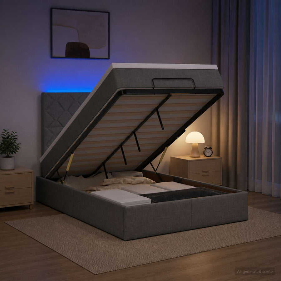 Ottoman Bed met Matrassen en LED Donkergrijs 120 x 190 cm Stof