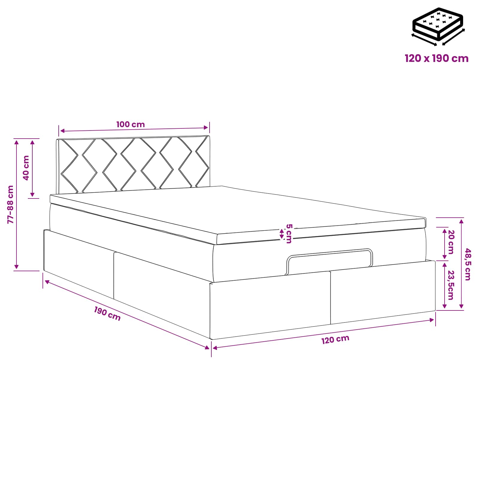 Ottoman Bed met Matrassen en LED Donkergrijs 120 x 190 cm Stof