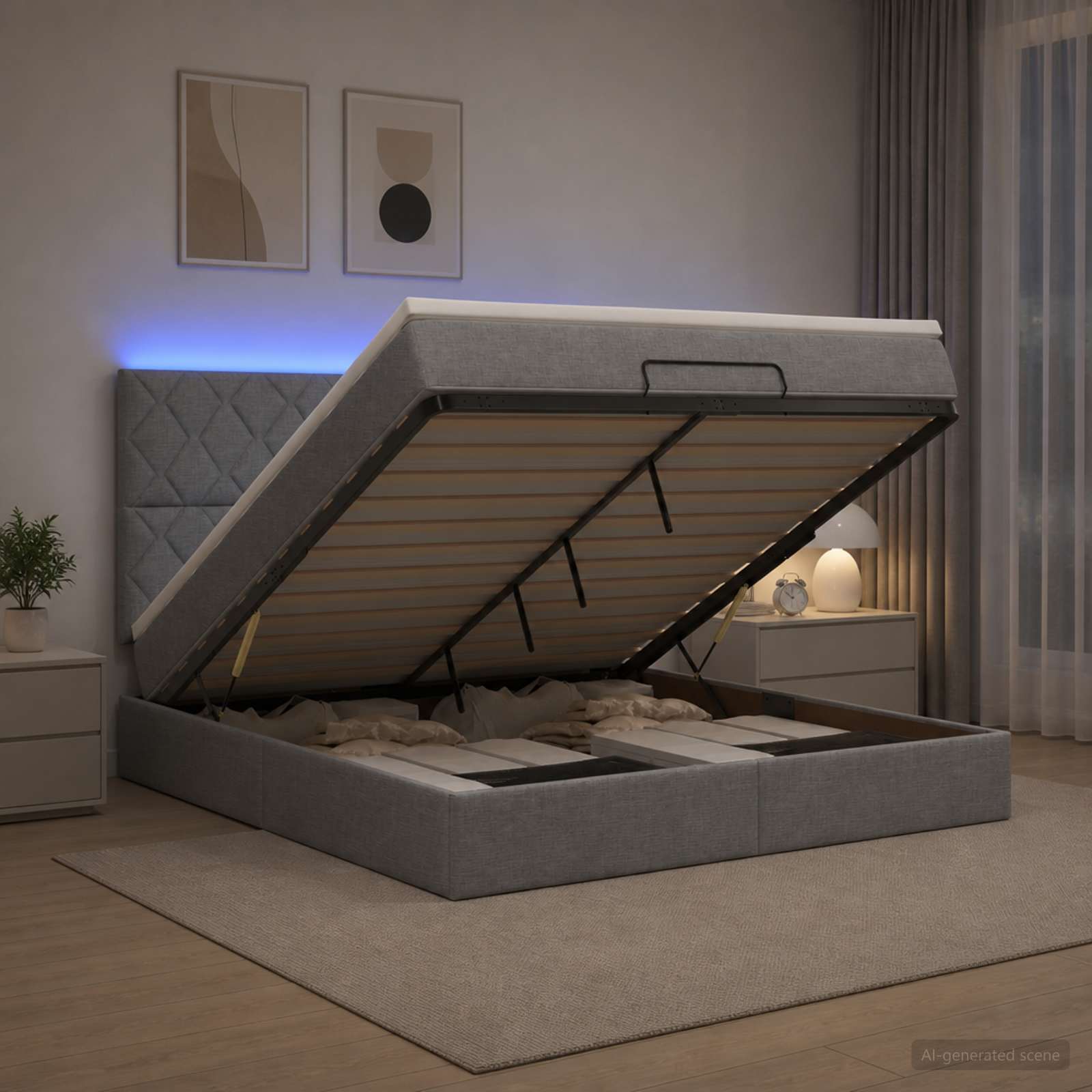 Ottoman Bed met Matrassen en LED Lichtgrijs 140 x 190 cm Stof