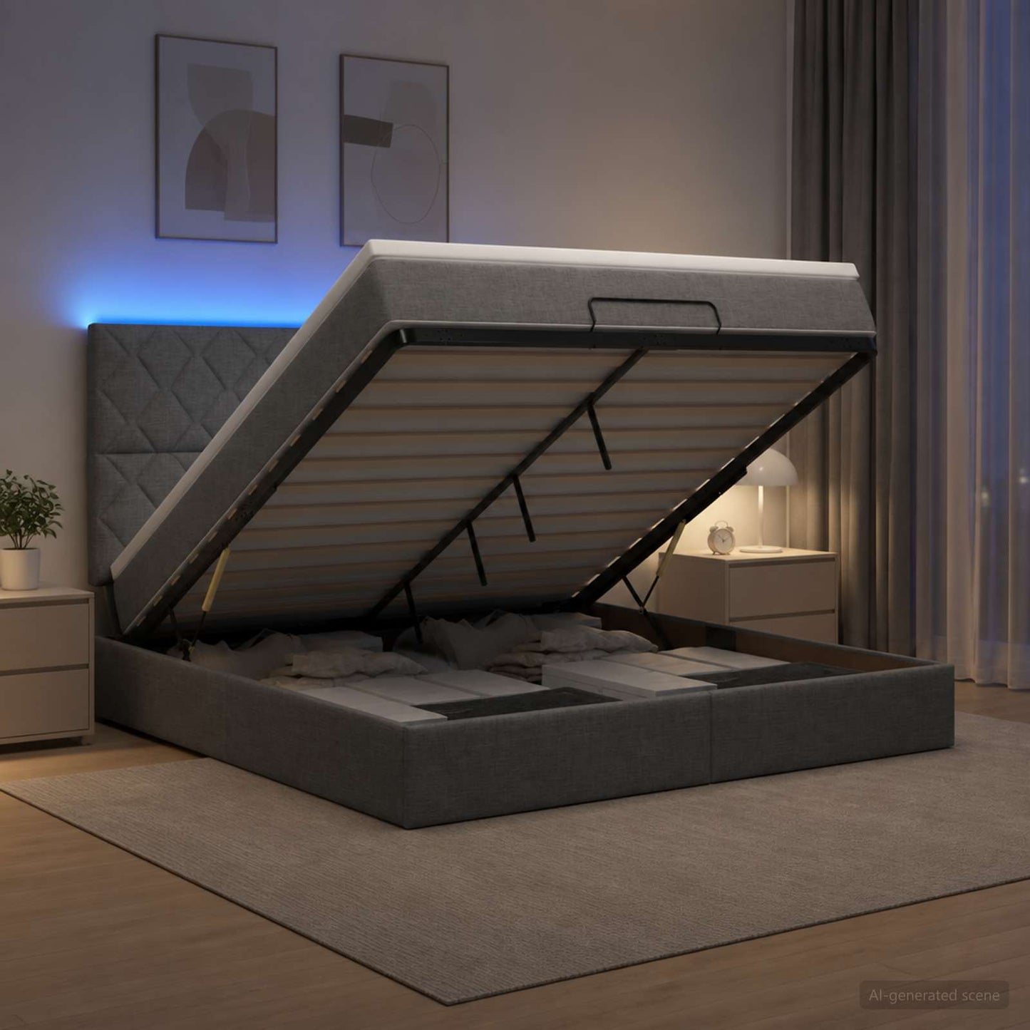 Ottoman Bed met Matrassen en LED Donkergrijs 140 x 200 cm Stof