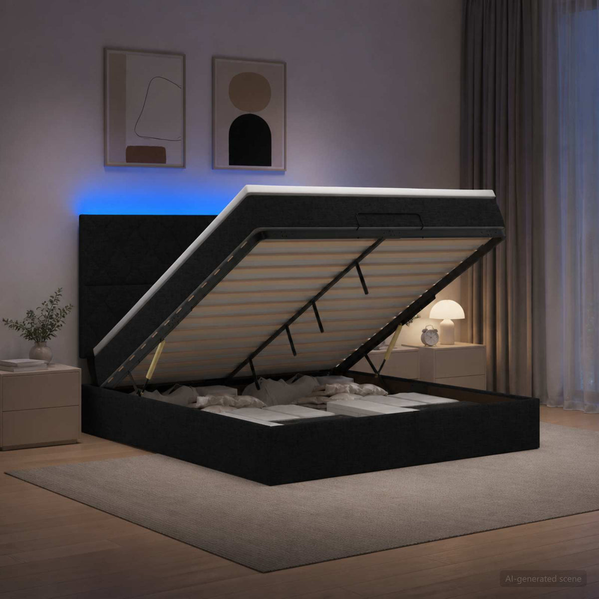 Ottoman Bed met Matrassen en LED Zwart 180 x 200 cm Stof