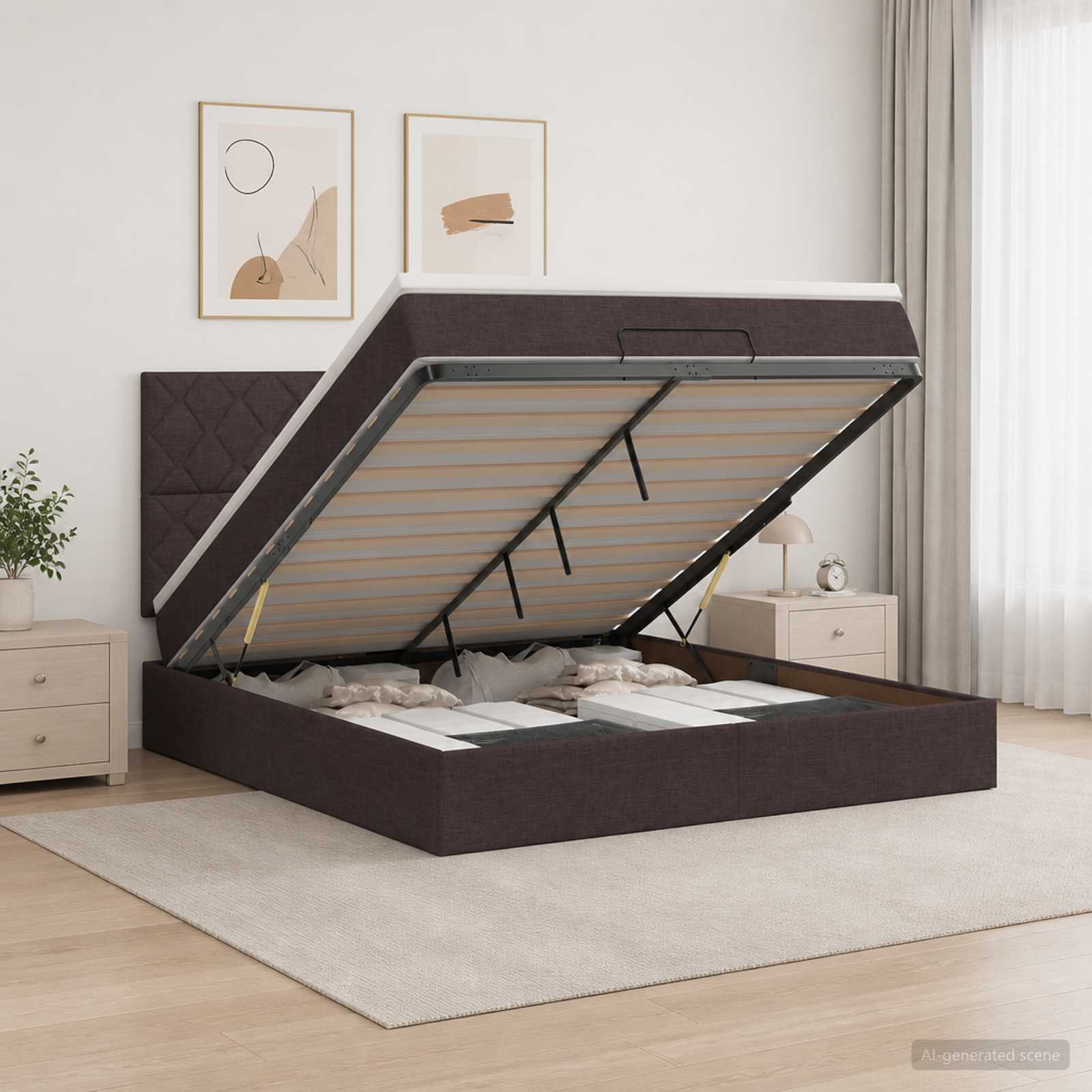 Ottoman Bed met Matrassen en LED Donkerbruin 140 x 200 cm Stof