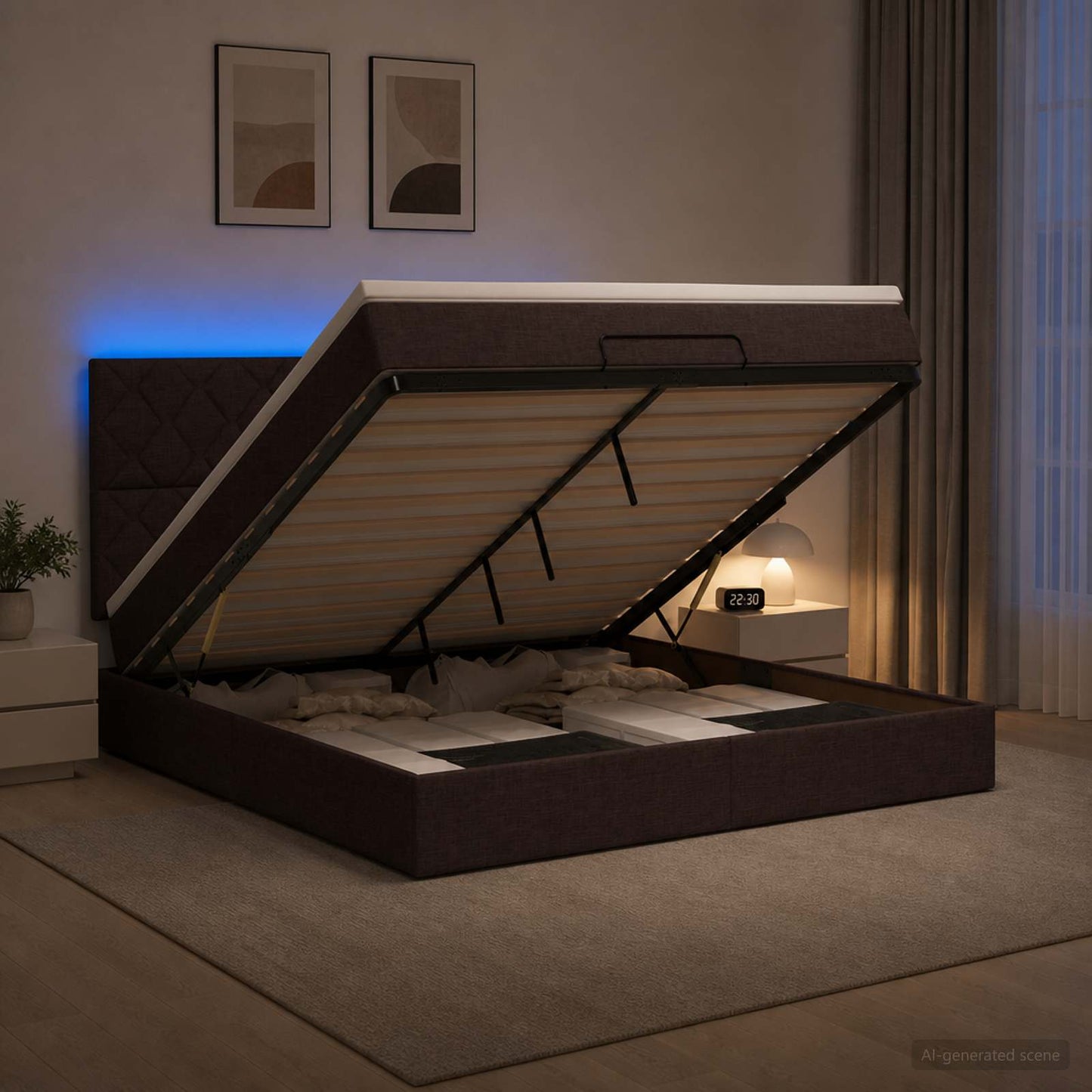 Ottoman Bed met Matrassen en LED Donkerbruin 140 x 200 cm Stof