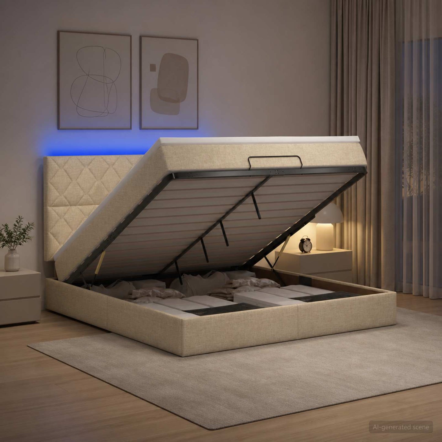 Ottoman Bed met Matrassen en LED Crèmekleurig 180 x 200 cm Stof